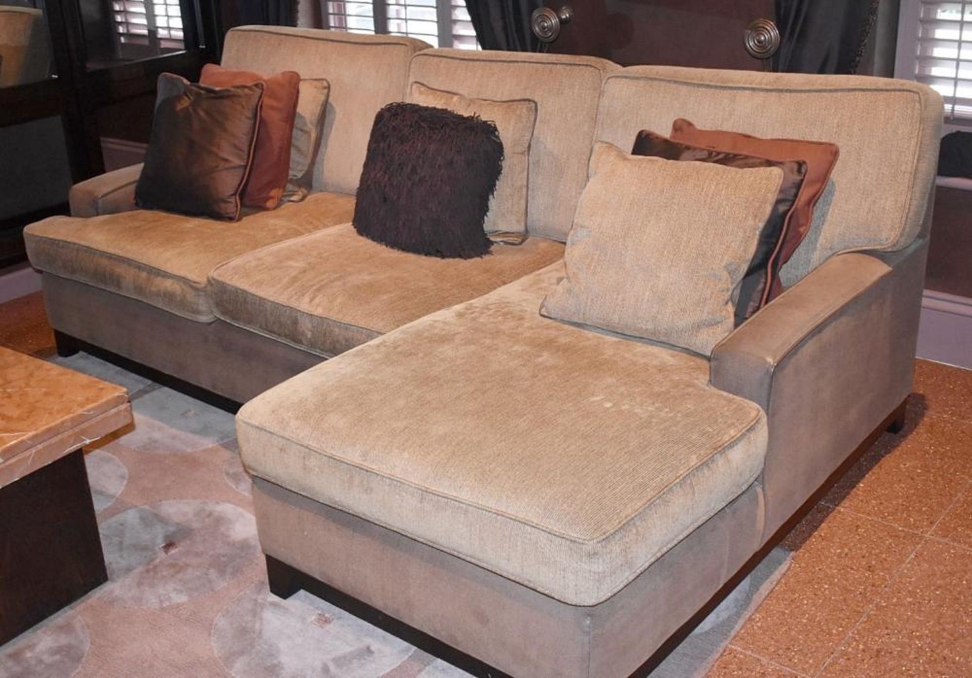 1 x Right-Hand Corner Sofa Upholstered In Light Mocha Leather And Chenille Fabrics - Includes Cushio - Image 2 of 8