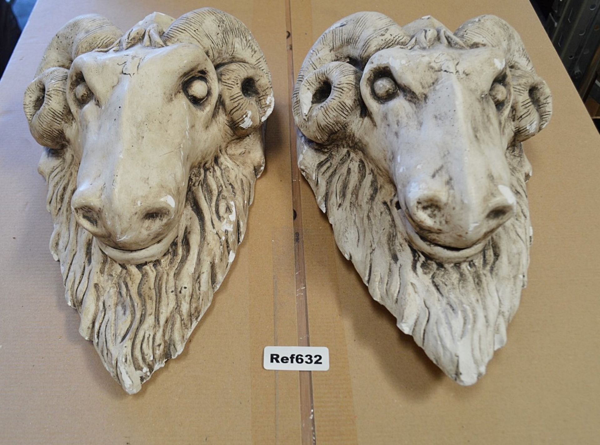 A Pair Of Ornamental Plaster Rams Heads - Dimensions: H38 x W25 x D14cm - Used, In Good Overall