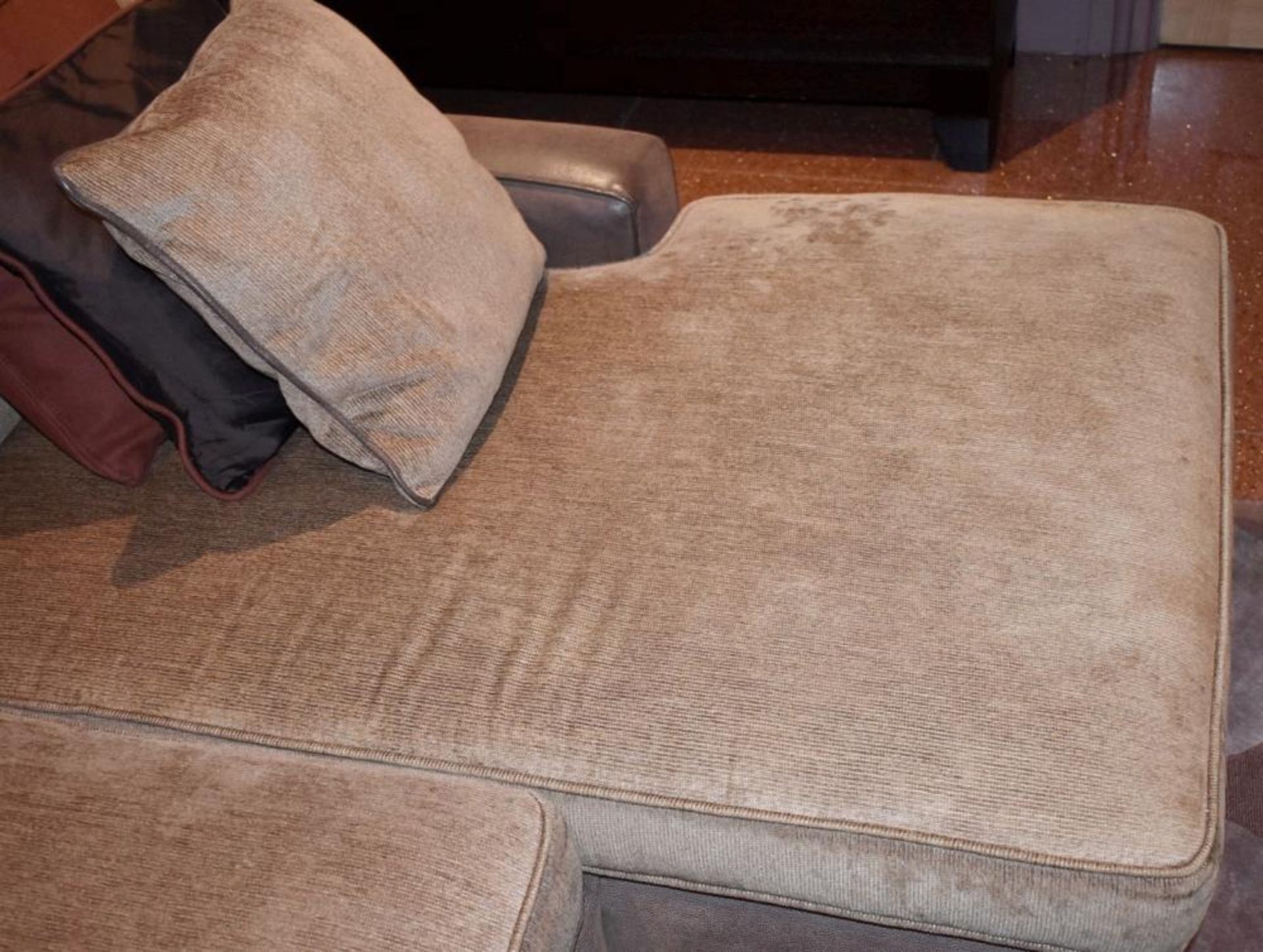 1 x Right-Hand Corner Sofa Upholstered In Light Mocha Leather And Chenille Fabrics - Includes Cushio - Image 7 of 8