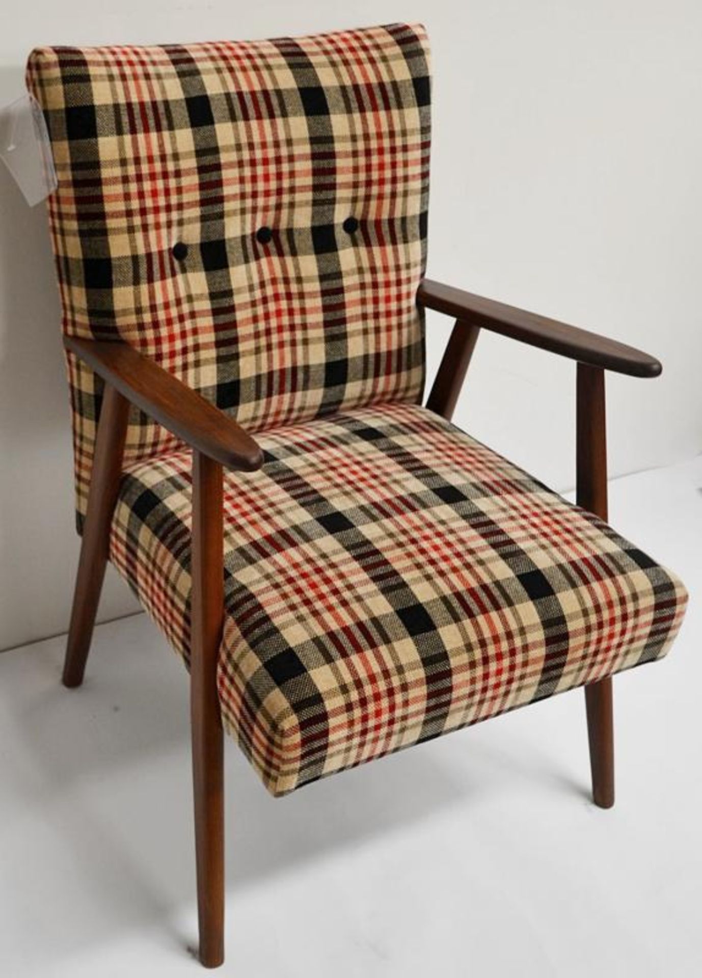 1 x JAB King Upholstery Mid Century Chair Upholstered In A 'Bourbon Pattern' - Dimensions (approx):