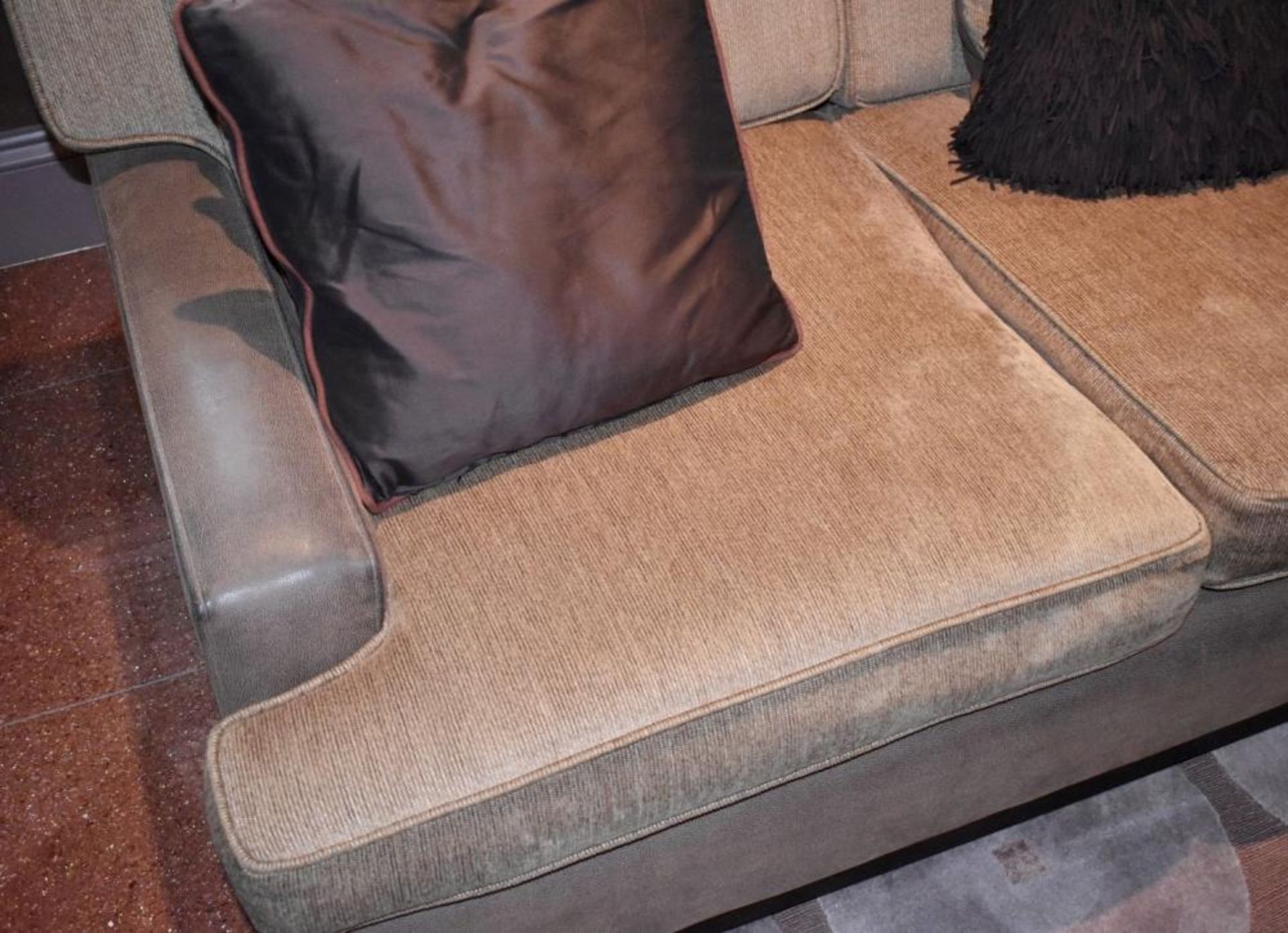 1 x Right-Hand Corner Sofa Upholstered In Light Mocha Leather And Chenille Fabrics - Includes Cushio - Image 5 of 8