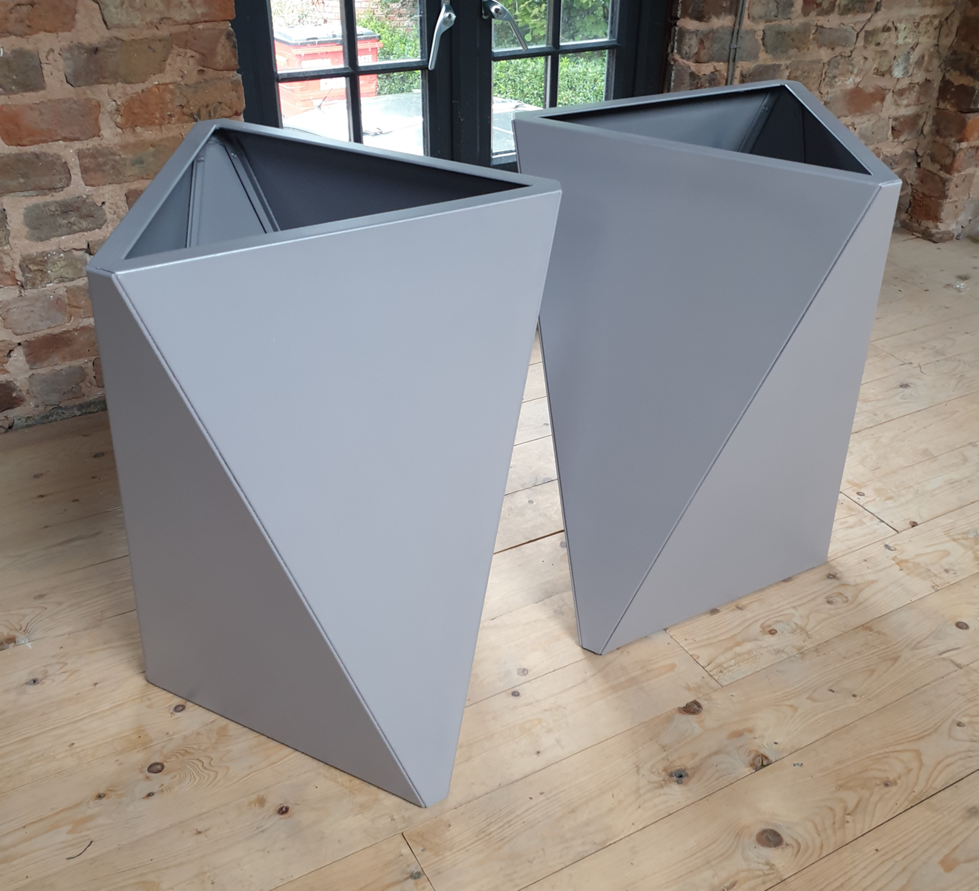 2 x Custom Steel TRAPEZIUM PLANTERS In Blush Silver - CL512 - Very Unique Ex Demonstration Pieces