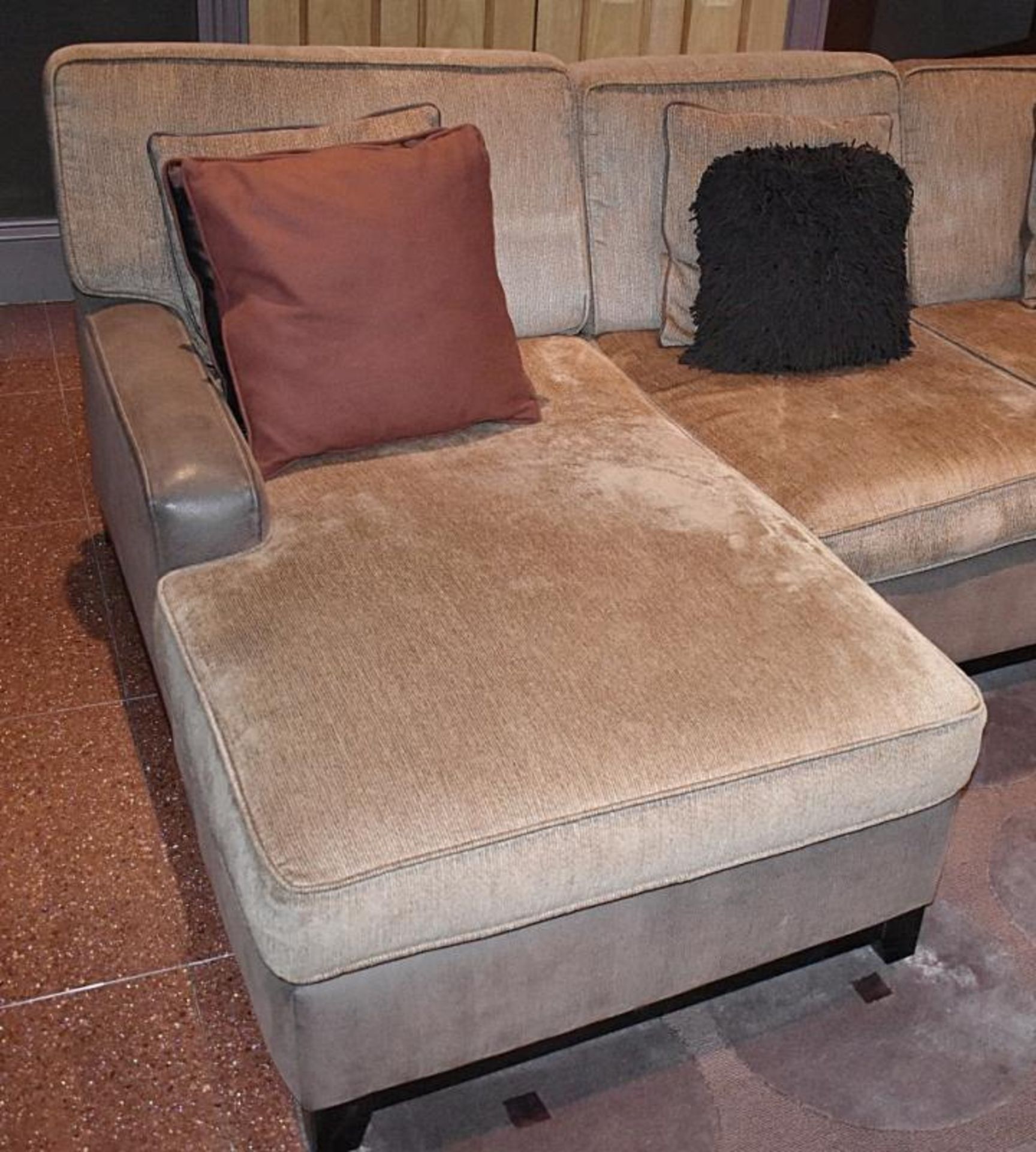 1 x Left-Hand Corner Sofa Upholstered In Light Mocha Leather And Chenille Fabrics - Includes Cushion - Image 4 of 11