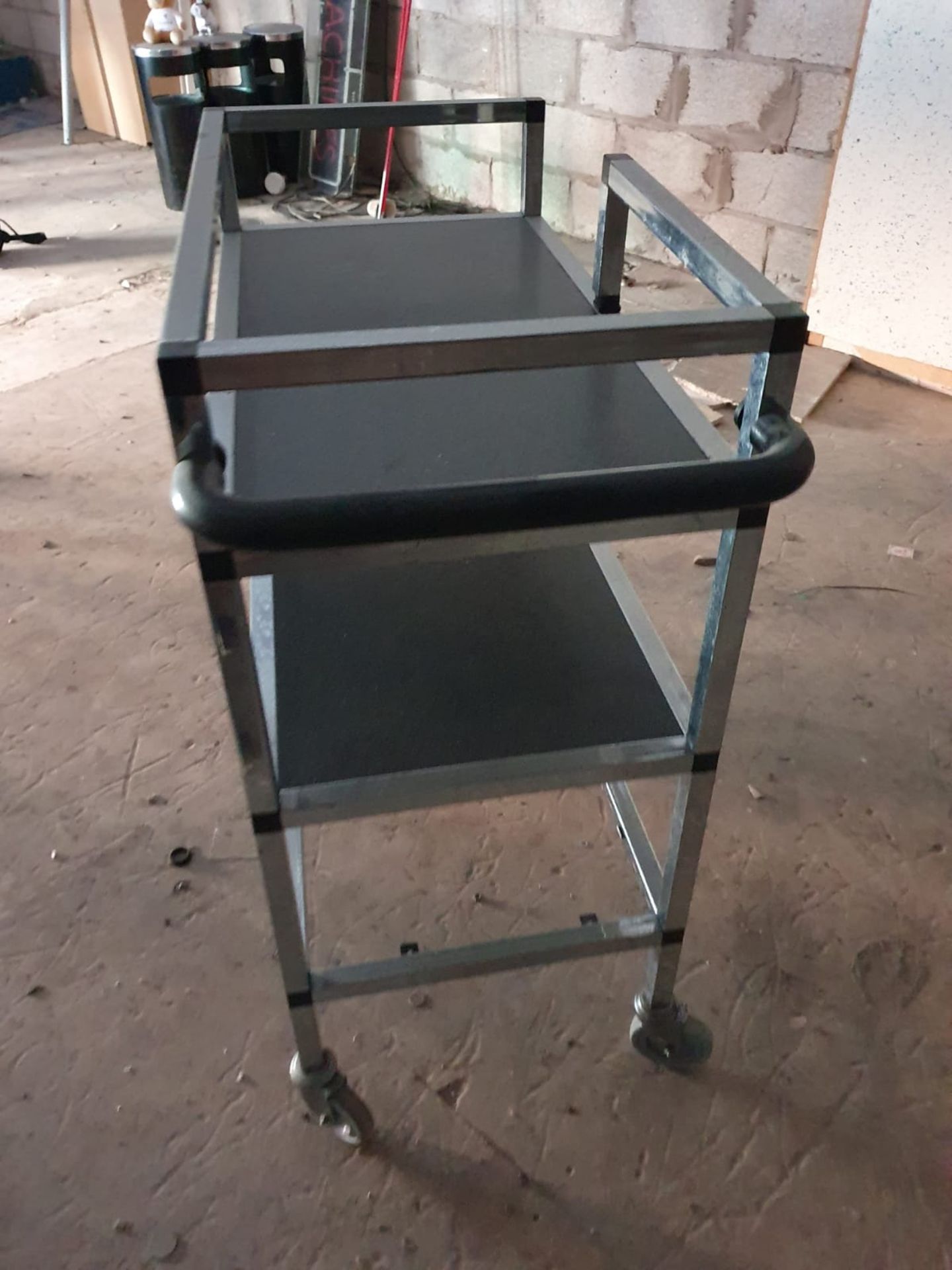 1 x Mobile Trolley With Pull/Push Handle and Castors - Chrome Finish With Black Shelves - CL515 - - Image 2 of 3