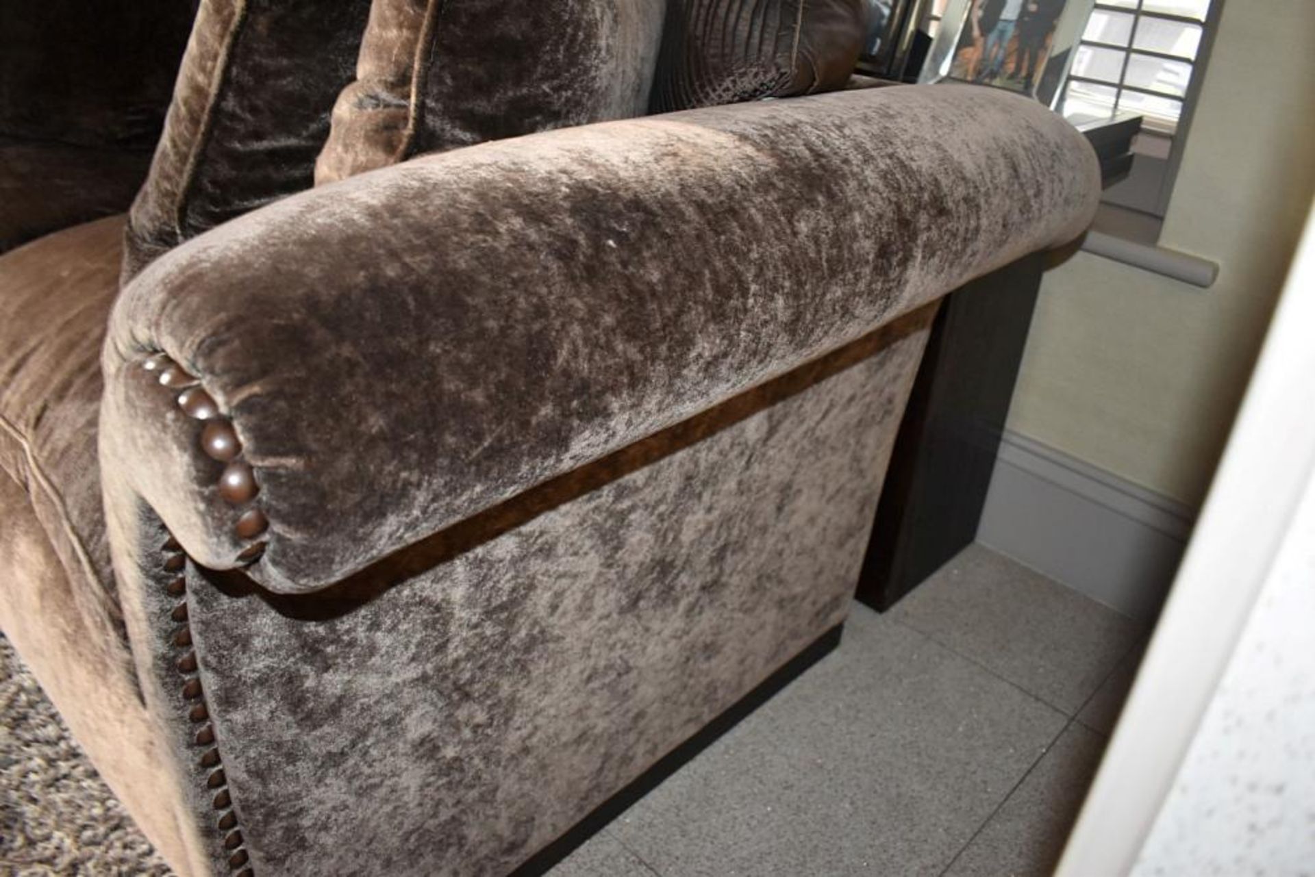 1 x Large Well Upholstered Sofa In A Rich Brown Chenille With Studded Detailing - Includes Cushions - Image 3 of 5