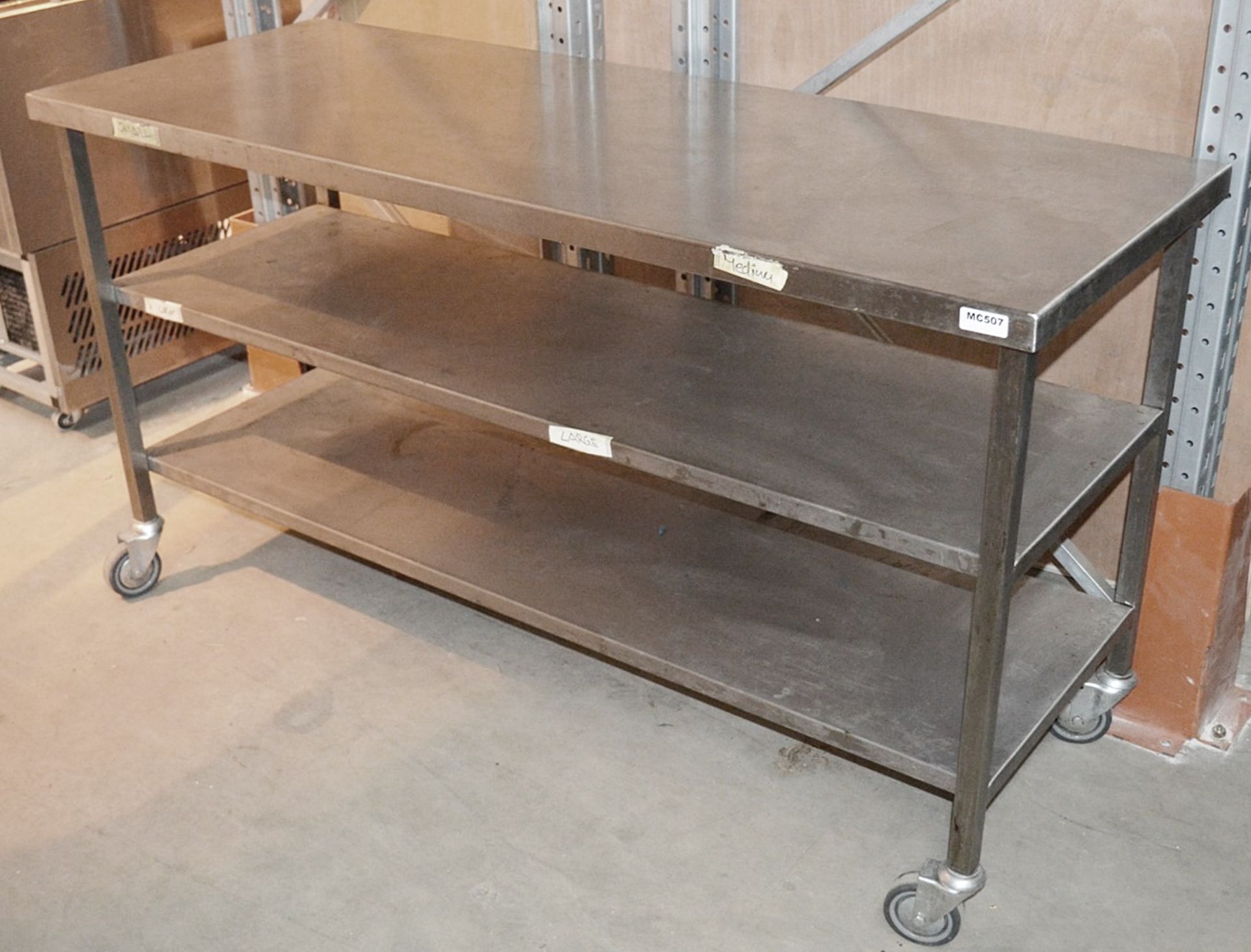 1 x Stainless Steel Commercial Kitchen Prep Table With Undershelves On Castors - Dimensions: W160