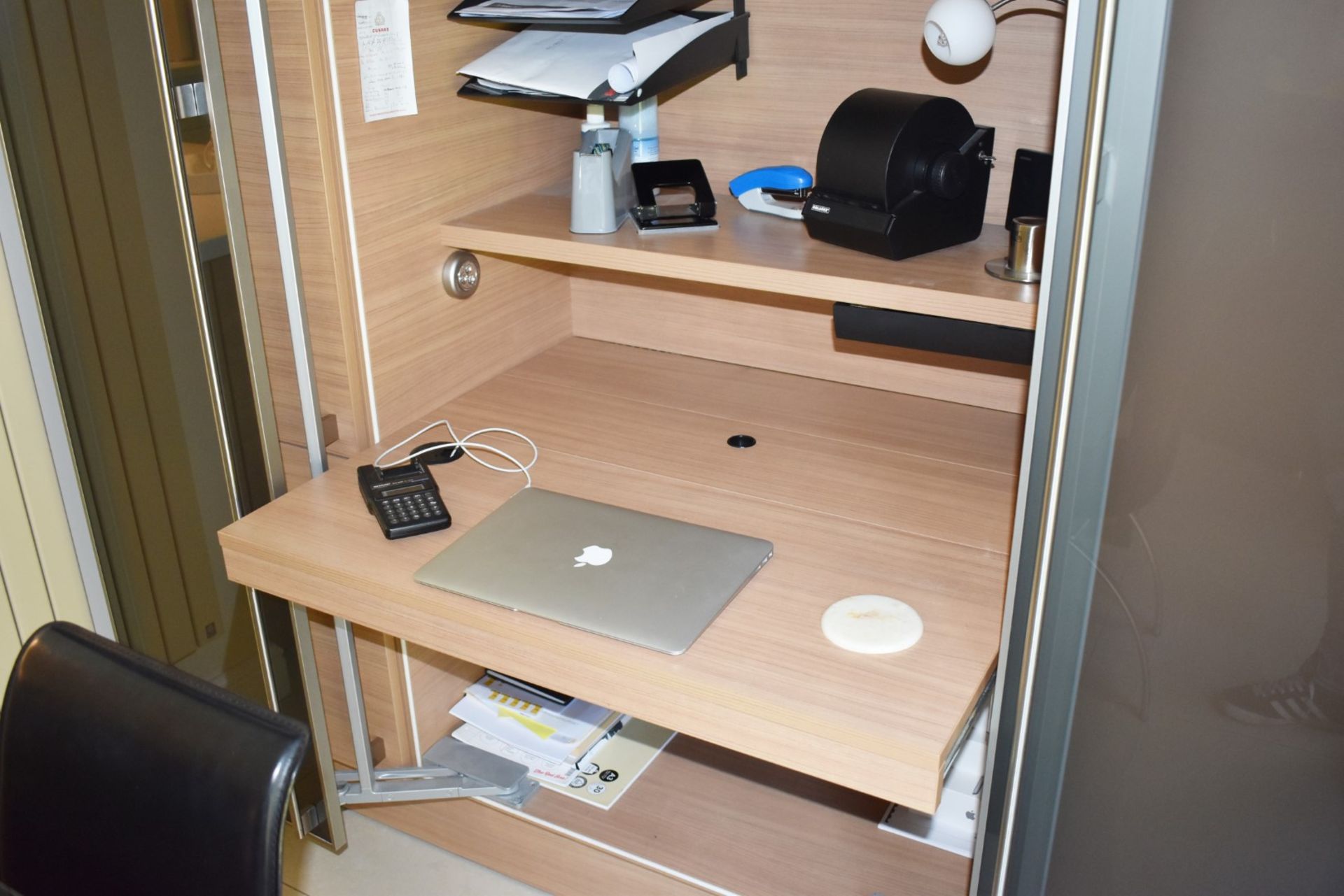 1 x Siematic Office Workstation Hideaway Desk With Sliding Smoked Glass and Beech Doors, Storage - Image 3 of 13