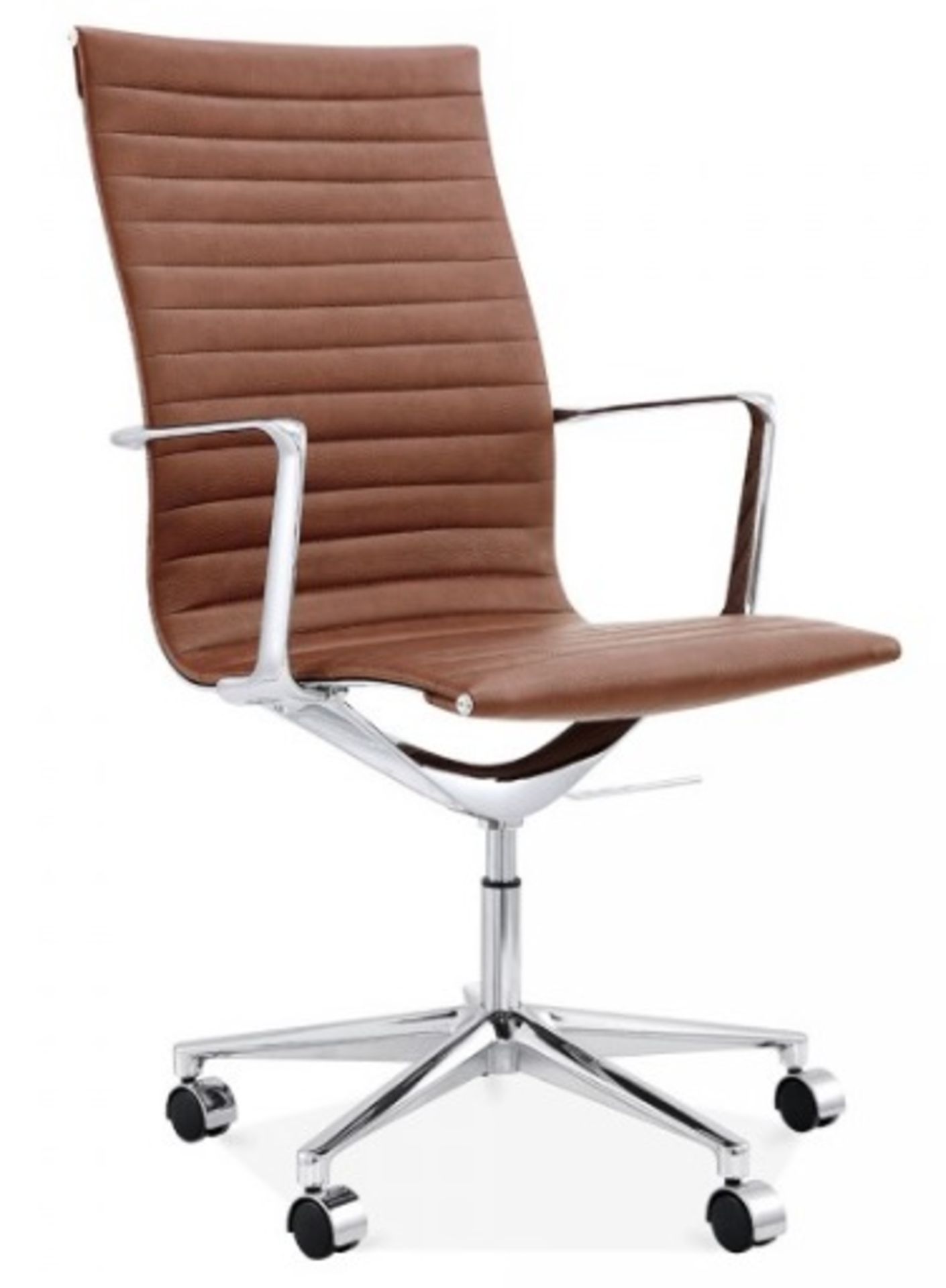 1 x LINEAR Eames-Inspired Ribbed High Back Office Swivel Chair In Brown Leather- New / Unboxed Stock