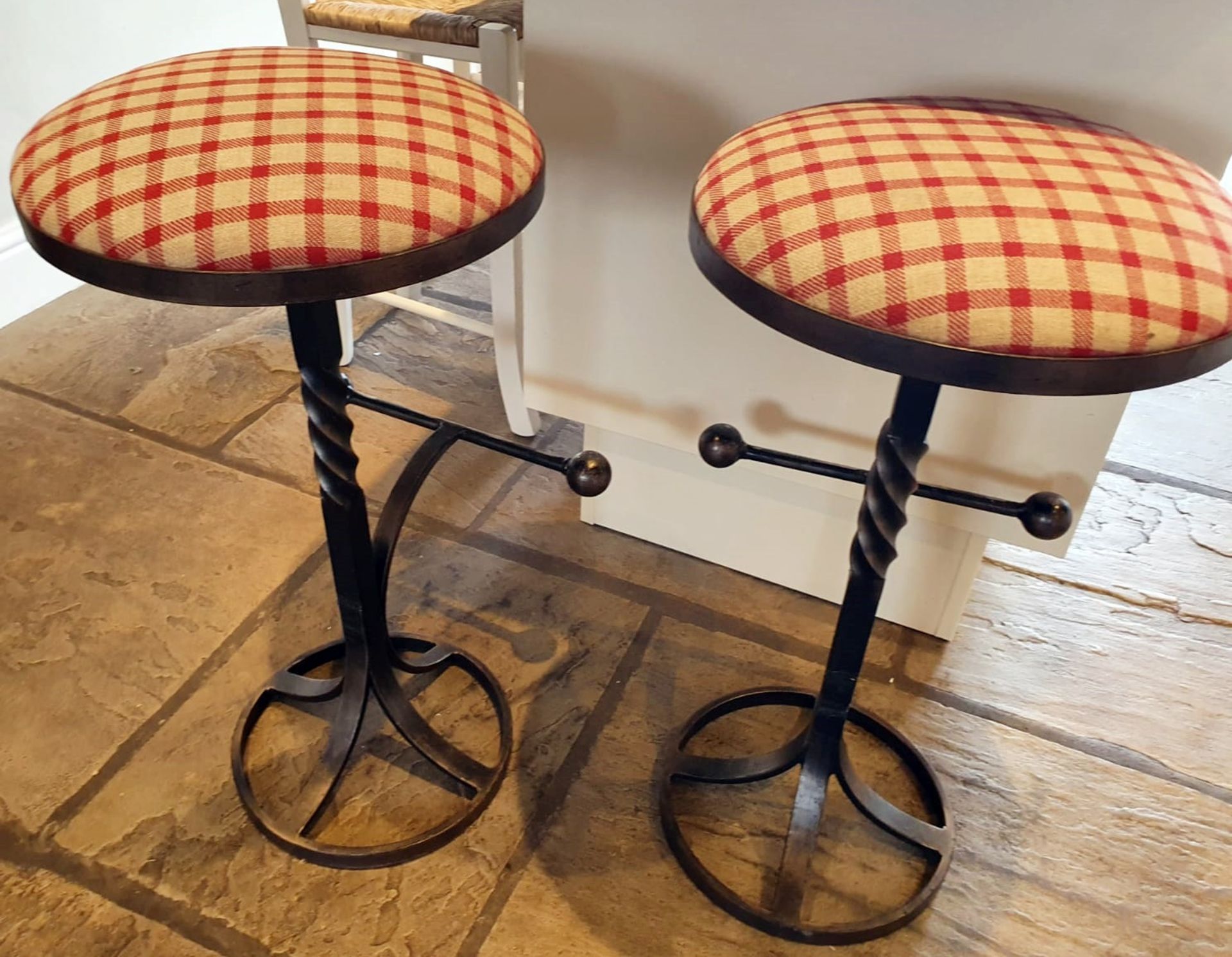 4 x Cast Iron Bar Stools With Stunning Metalwork, Foot Rests and Drop-in Cushioned Seat Pads -