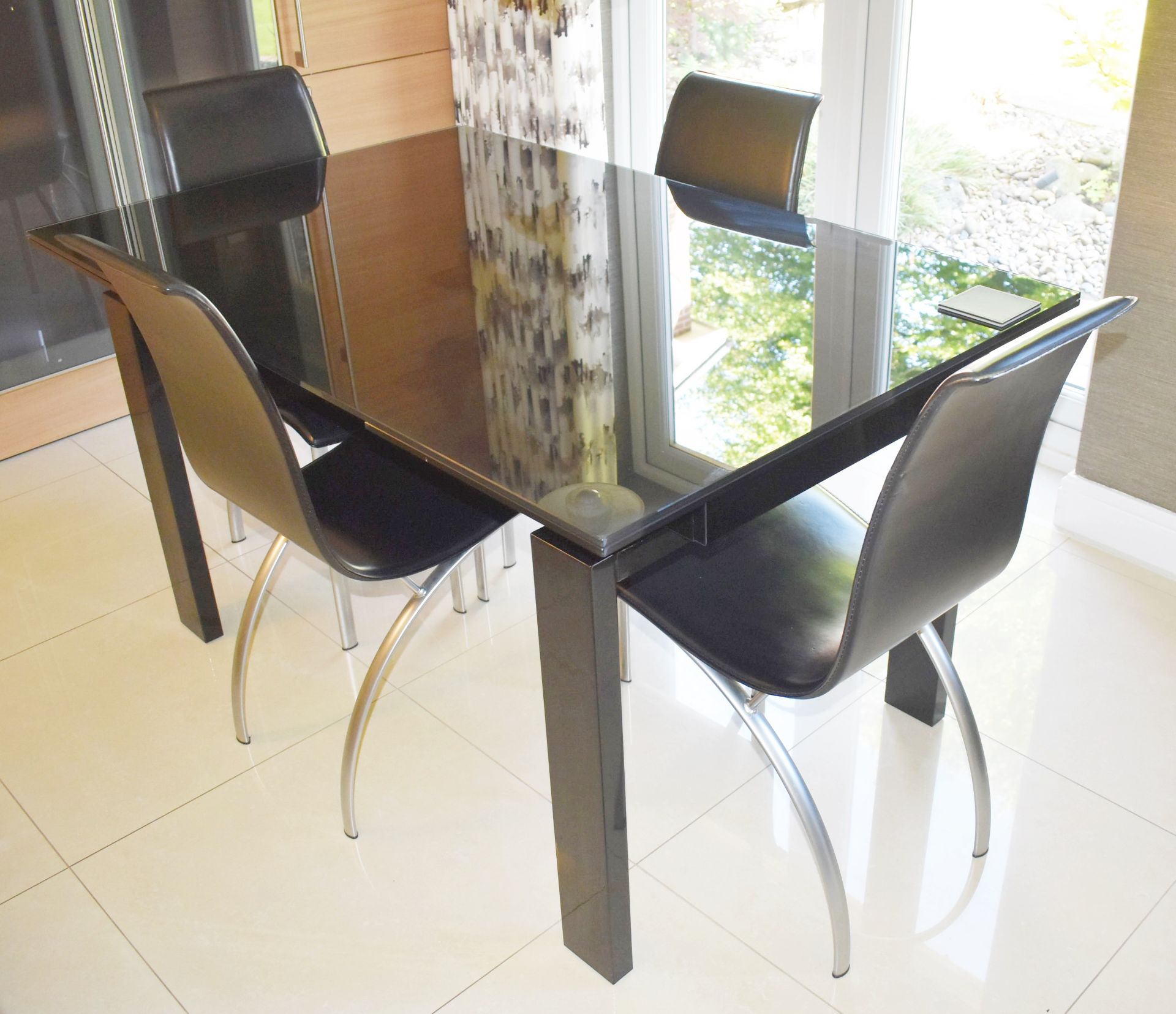 1 x Casabella Tempered Black Glass Extending Dining Table With Four Chairs - Stunning Contemporary