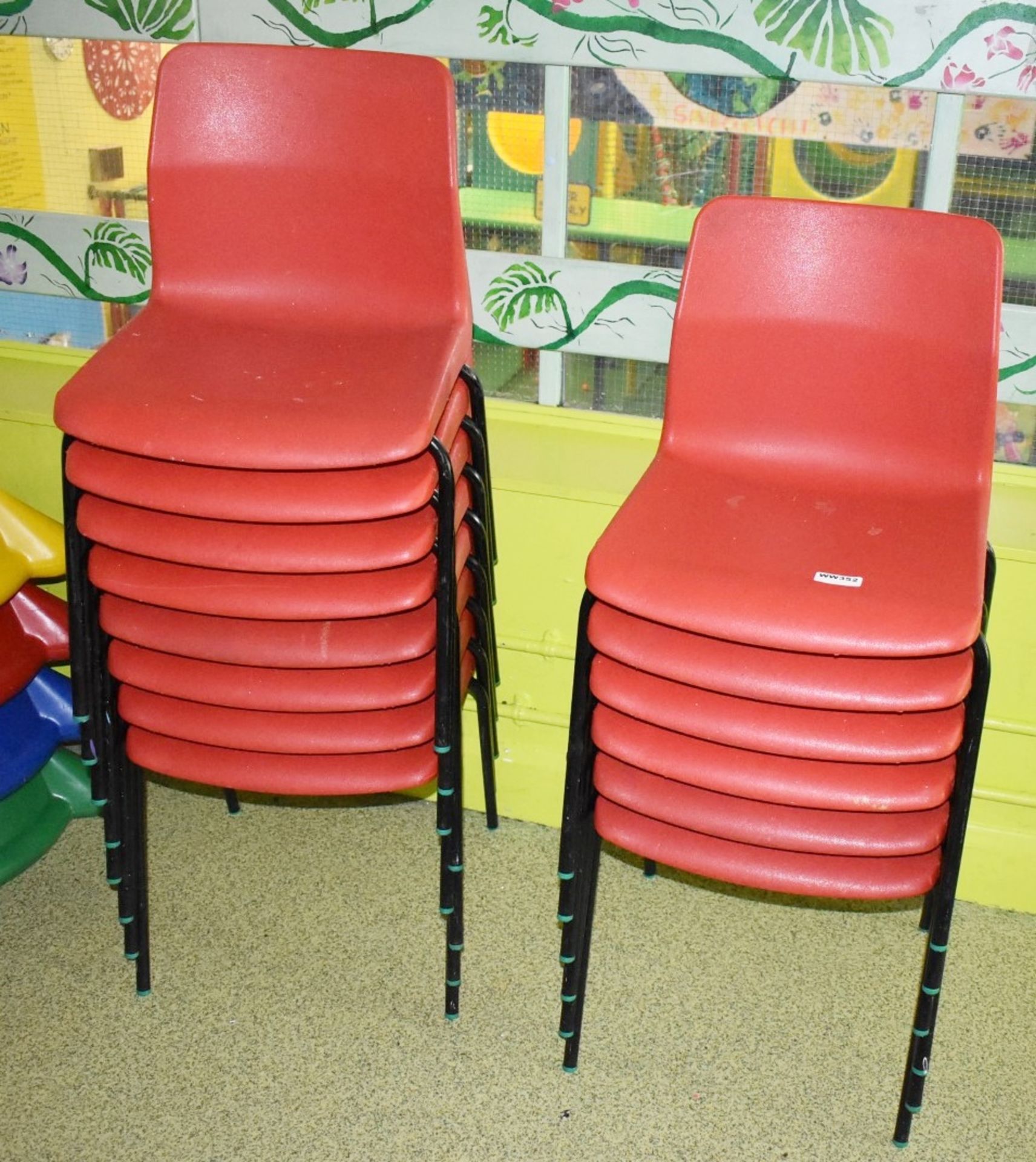 14 x Plastic Stackable Red Chairs With Black Metal Legs - Suitable For Adults or Children - Ref