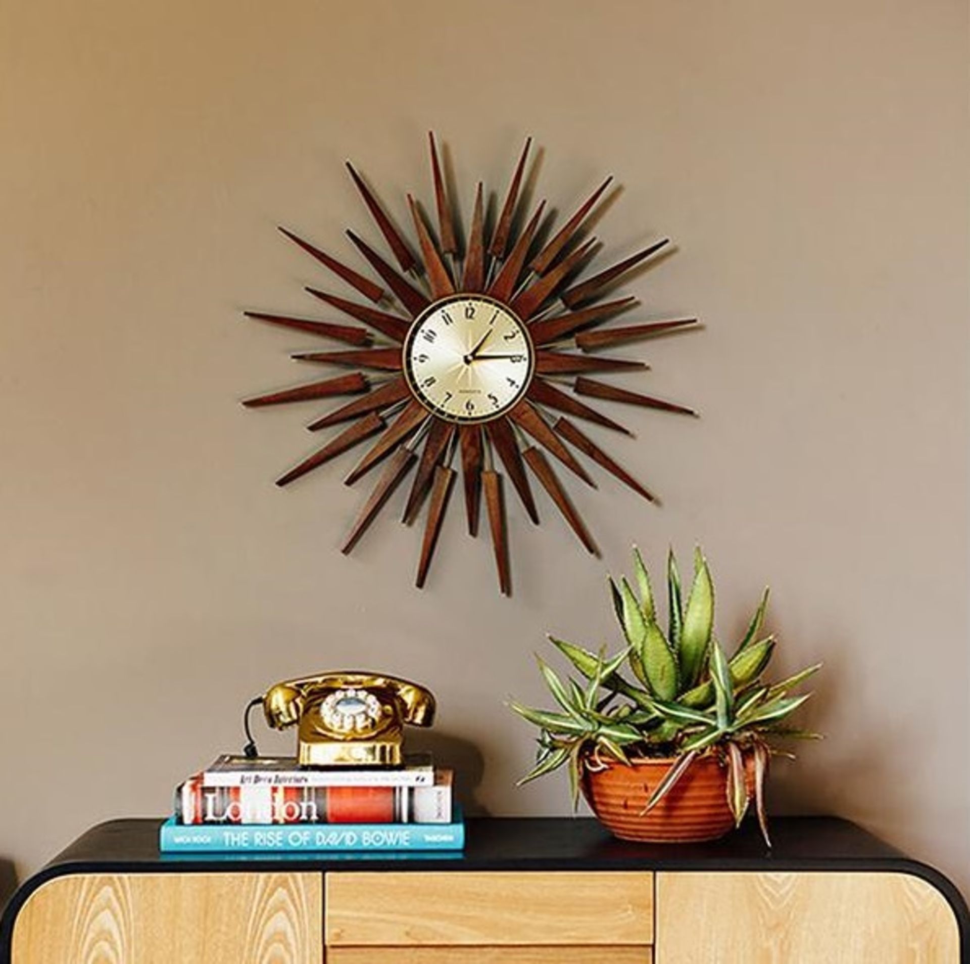 1 x Newgate 'Starbust Pluto' Mid-Century Style 65cm Wall Clock In Wood And Brass - RRP £150.00 - Image 2 of 4