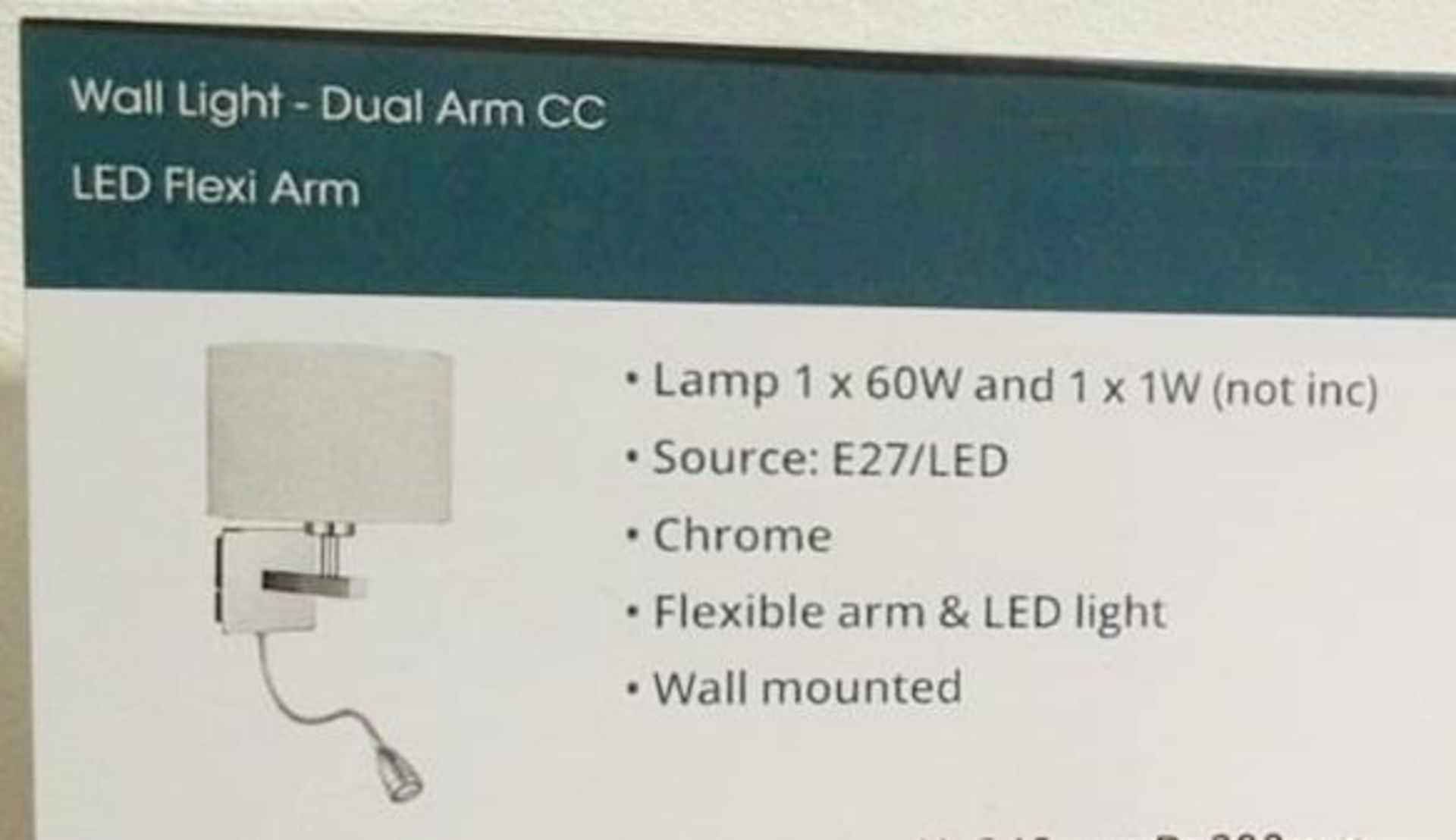 1 x Wall Mounted Light Fitting With Dual Arm And Fabric Shade - Chrome Finish - Ex-Display Item, Mou - Image 2 of 2