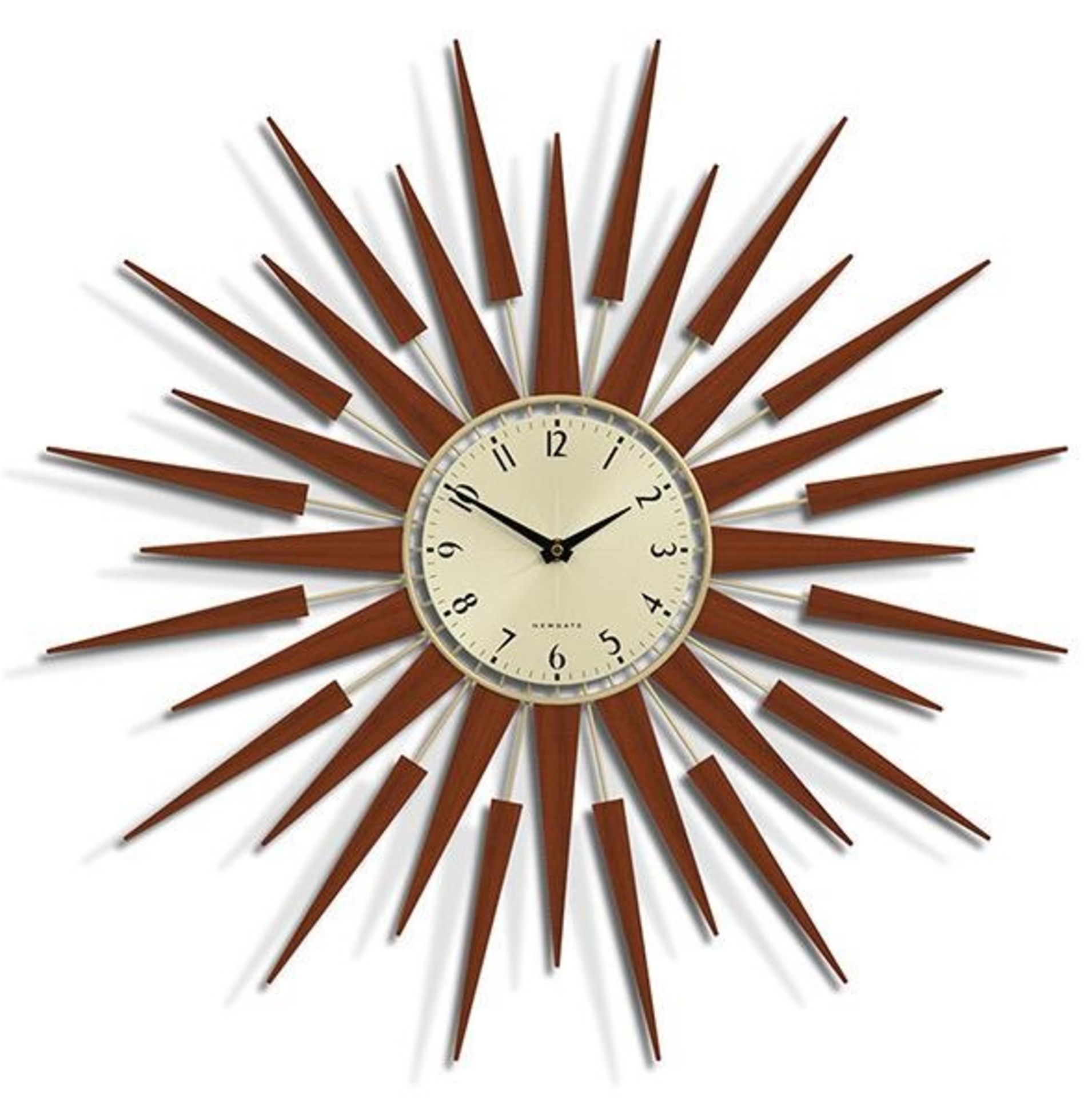 1 x Newgate 'Starbust Pluto' Mid-Century Style 65cm Wall Clock In Wood And Brass - RRP £150.00