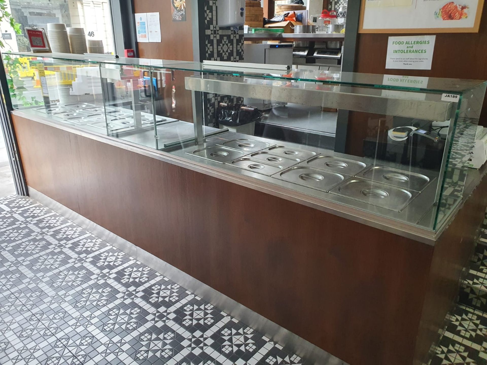 1 x Contemporary Restaurant Service Counter With Walnut Finish, Two Diamond Bain Marie Food