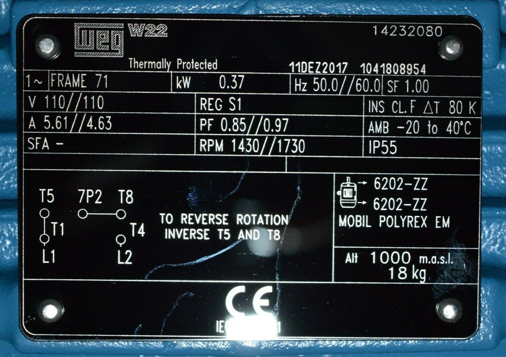 1 x Weg W22 110v IP55 Single Phase Electric Motor - Brand New and Boxed - CL295 - Location: - Image 6 of 7