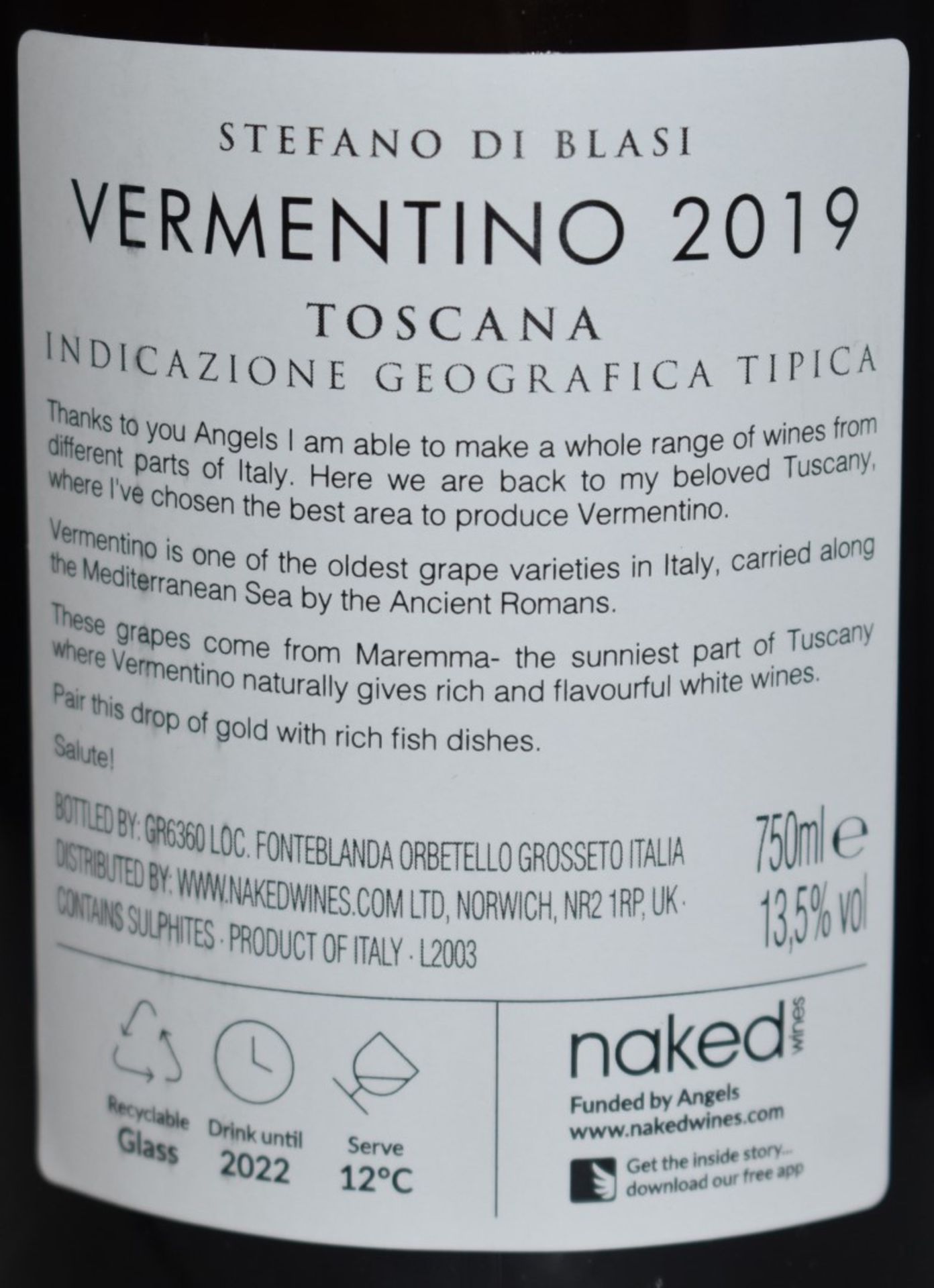 12 x Bottles of Stefano Di Blasi 2019 Vermentino Toscana 13.5% Wine - 750ml Bottles - Drink Until - Image 3 of 7