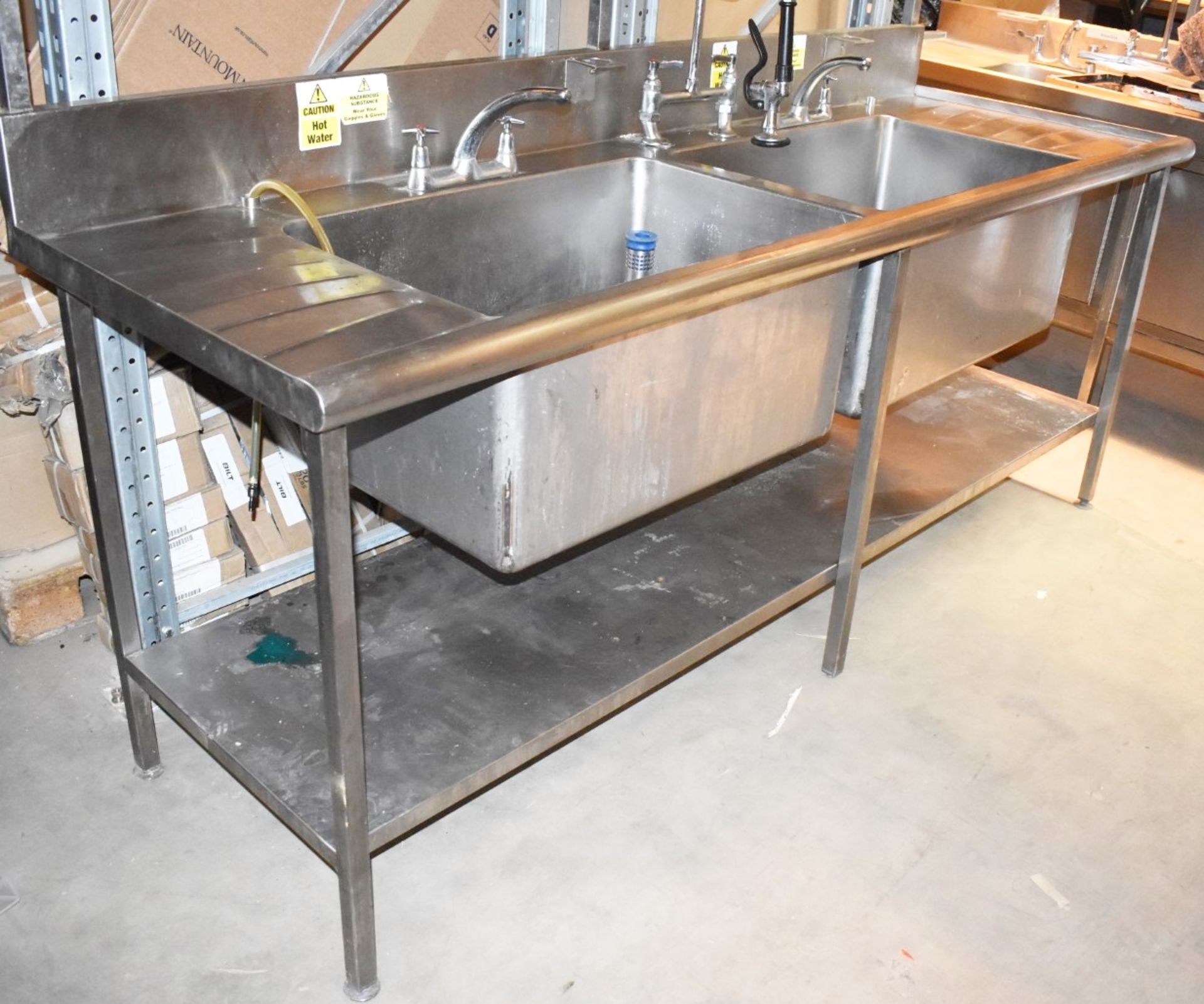 1 x Large Stainless Steel Wash Unit With Twin Oversized Sink Basins, Hose Rinser Tap, Mixer Taps, - Image 7 of 7