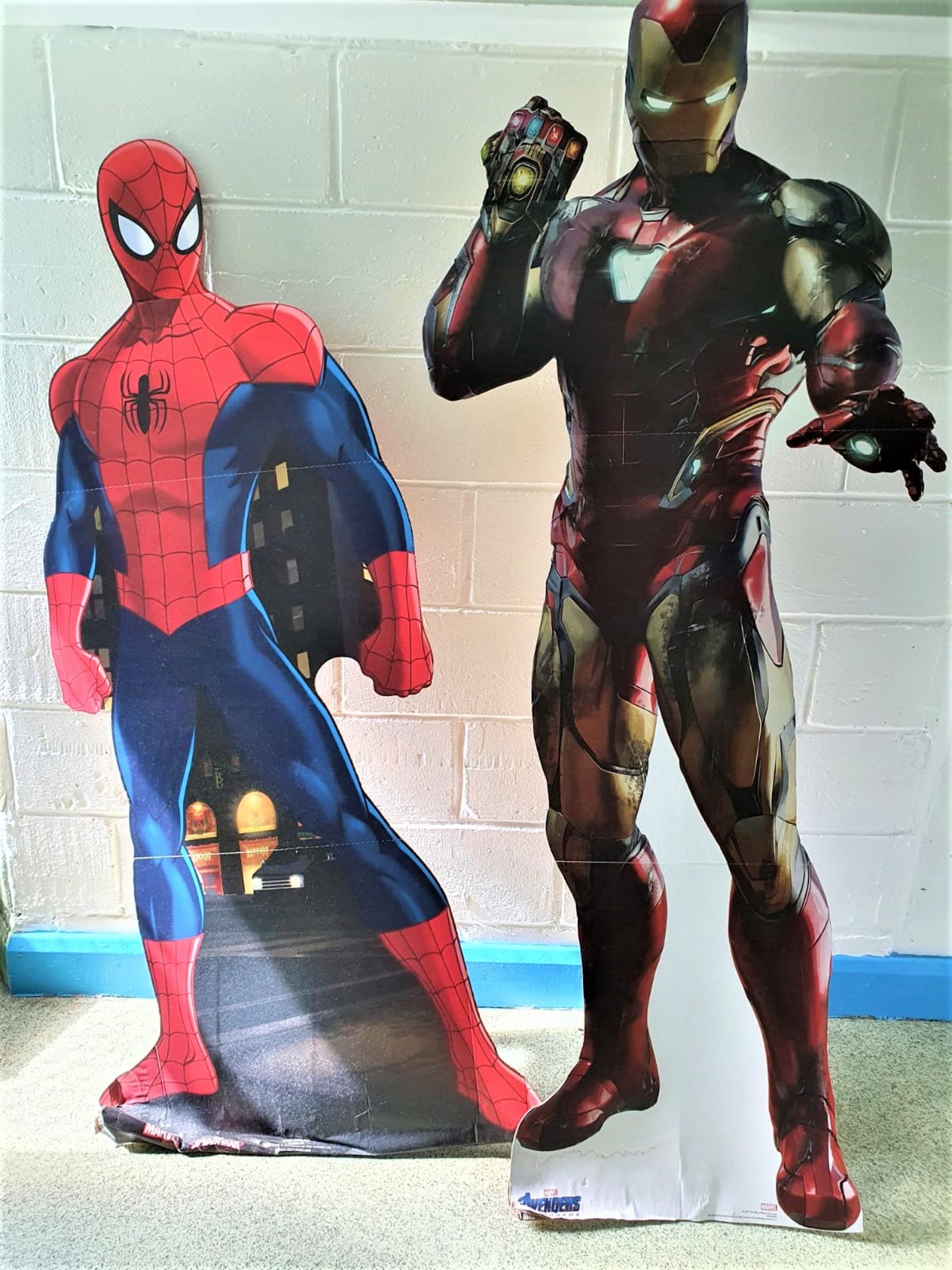 2 x Lifesize Cardboard Superhero Cut-Outs of Spiderman and Iron Man - Approx 6-7ft Tall - Ref U -