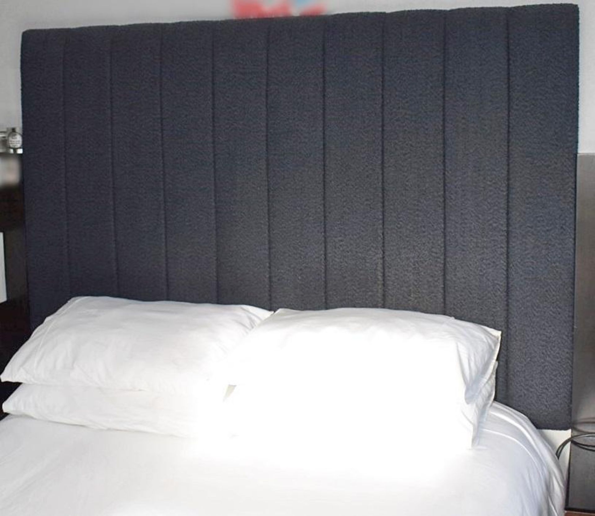 1 x Upholstered Super Kingsize Headboard In A Blue/Grey Fabric - Dimensions: W180 x H120 x D9cm - Re