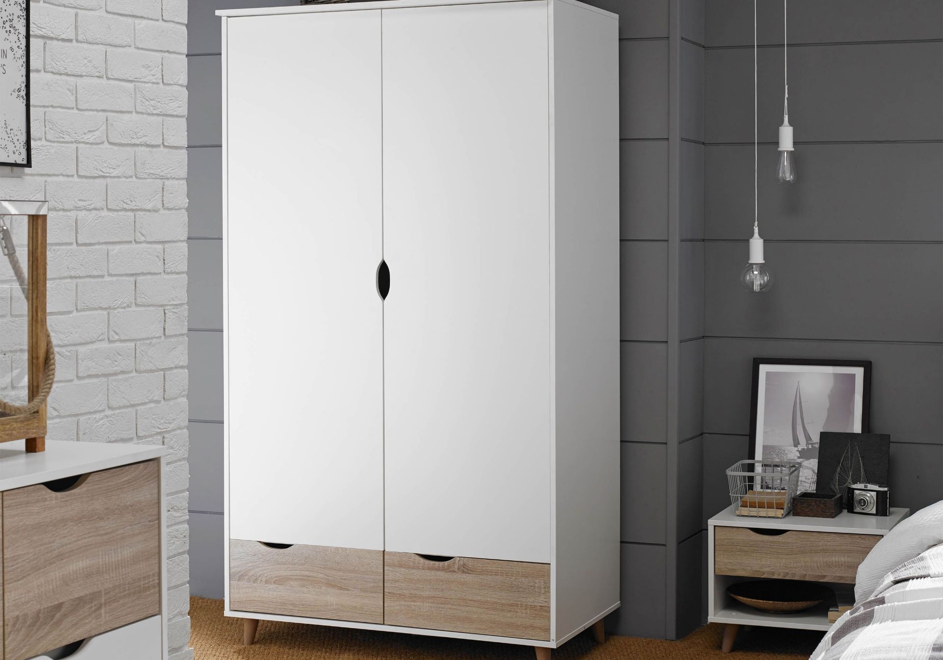 1 x 'Stockholm' Scandinavian Style 2-Door Wardrobe - Oak/White Finish - Dimensions: W100xH190xD58cm - Bild 4 aus 4