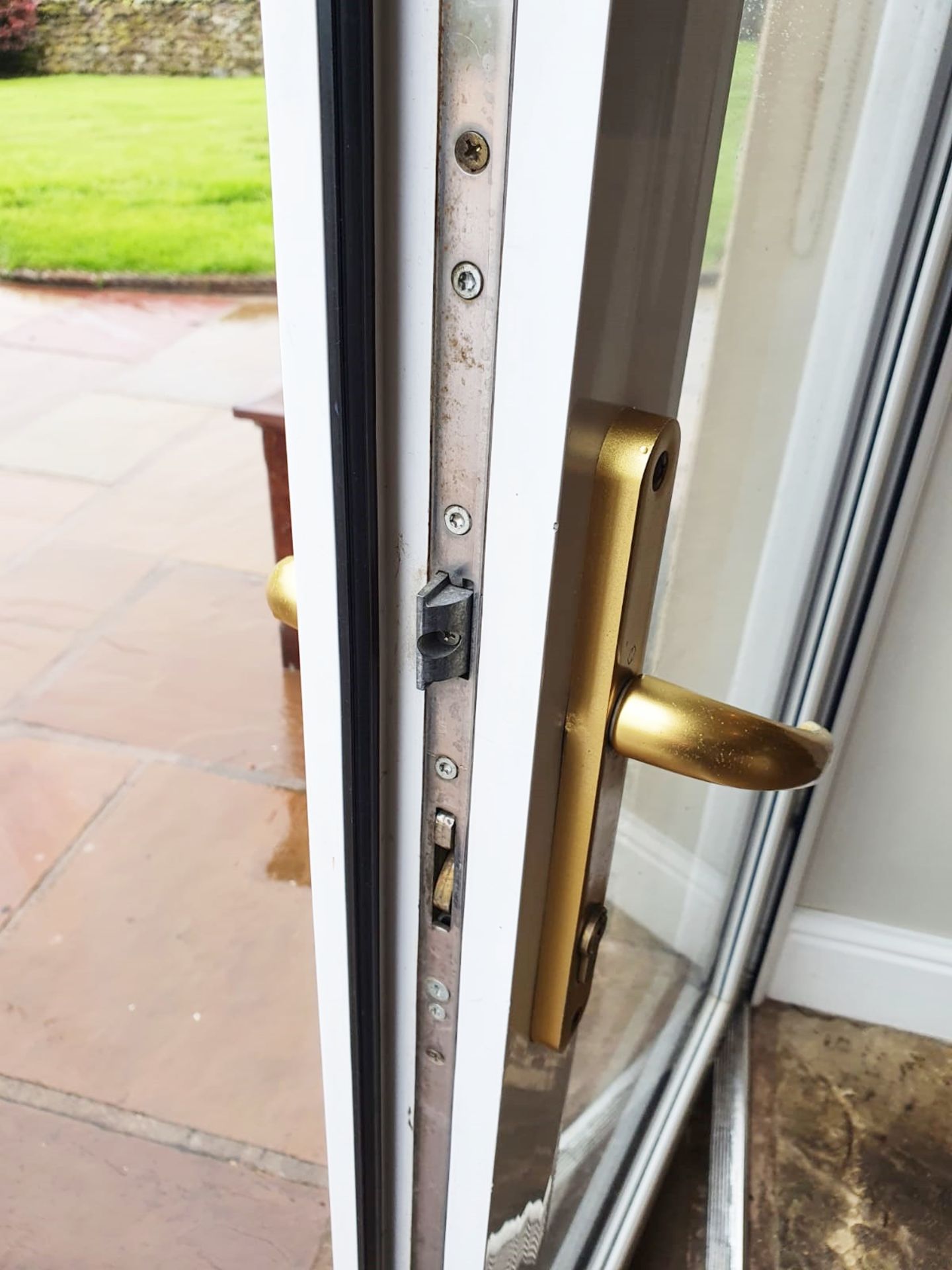 1 x Set of White PVC Double Glazed Patio Doors With Safeware Lock, Keys and Brass Handles - - Image 6 of 8