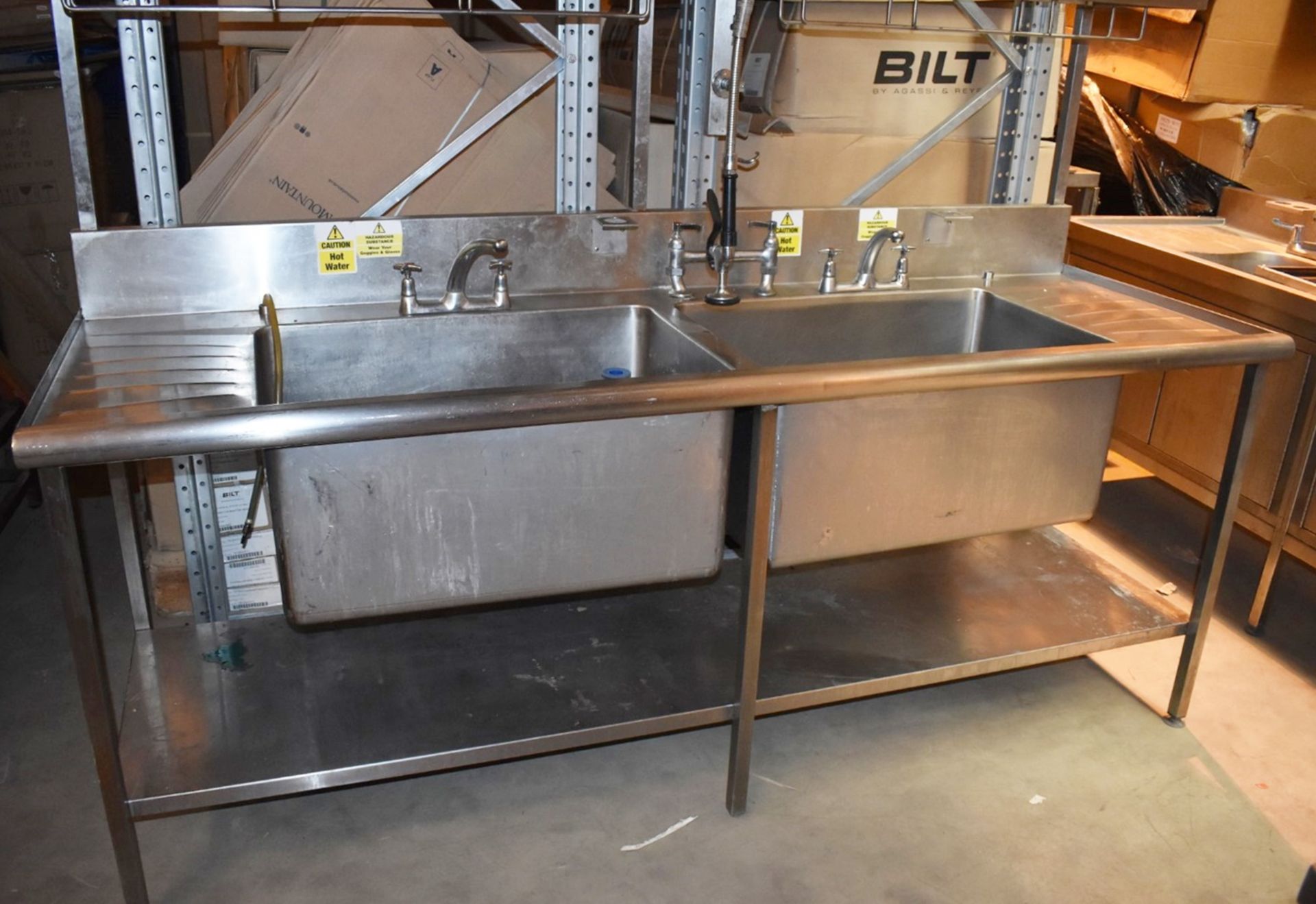 1 x Large Stainless Steel Wash Unit With Twin Oversized Sink Basins, Hose Rinser Tap, Mixer Taps,