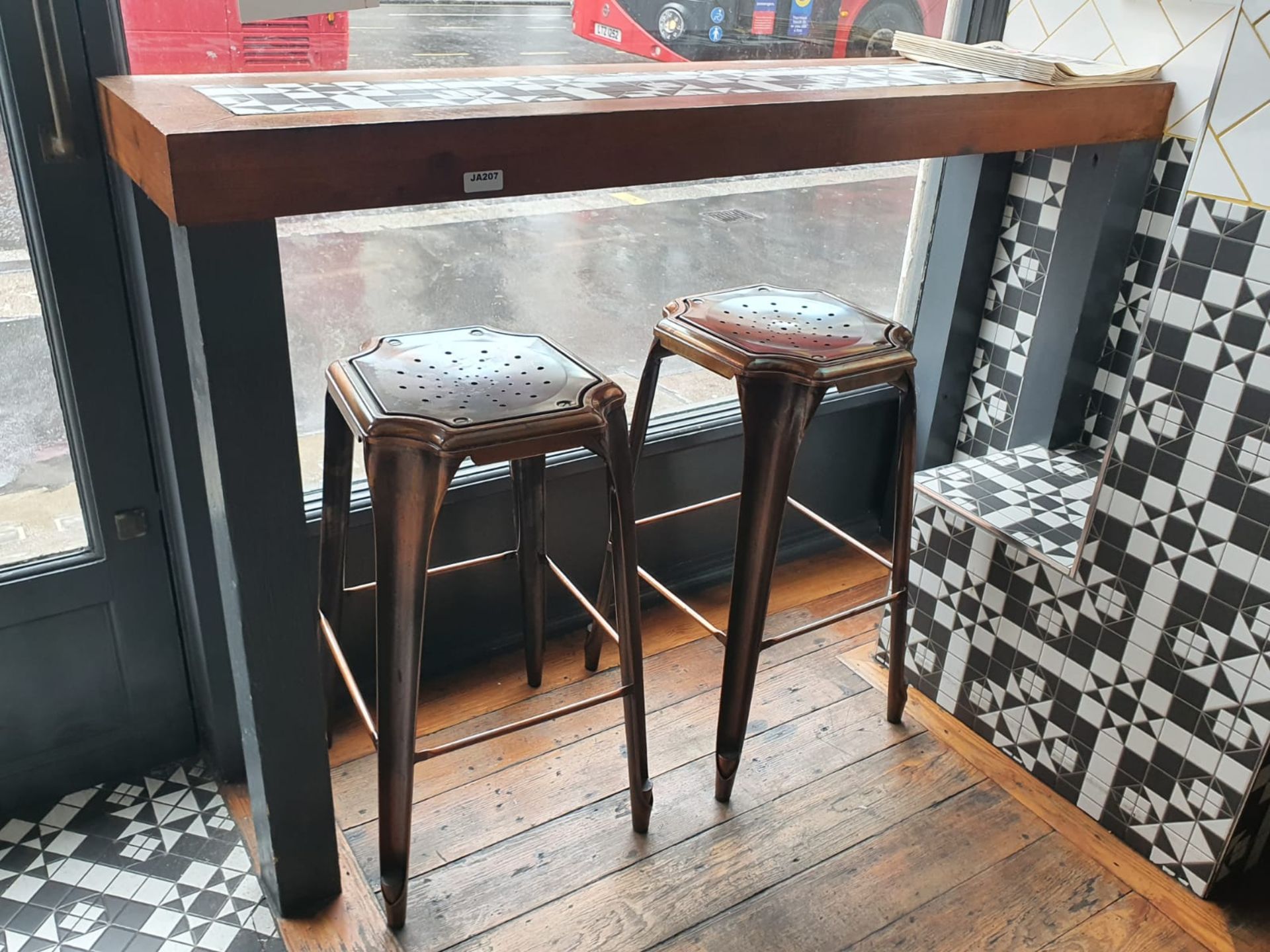 1 x Restaurant Seating Bench Table With Tiled Top and Two Copper Bar Stools - Bench Size H110 x W167