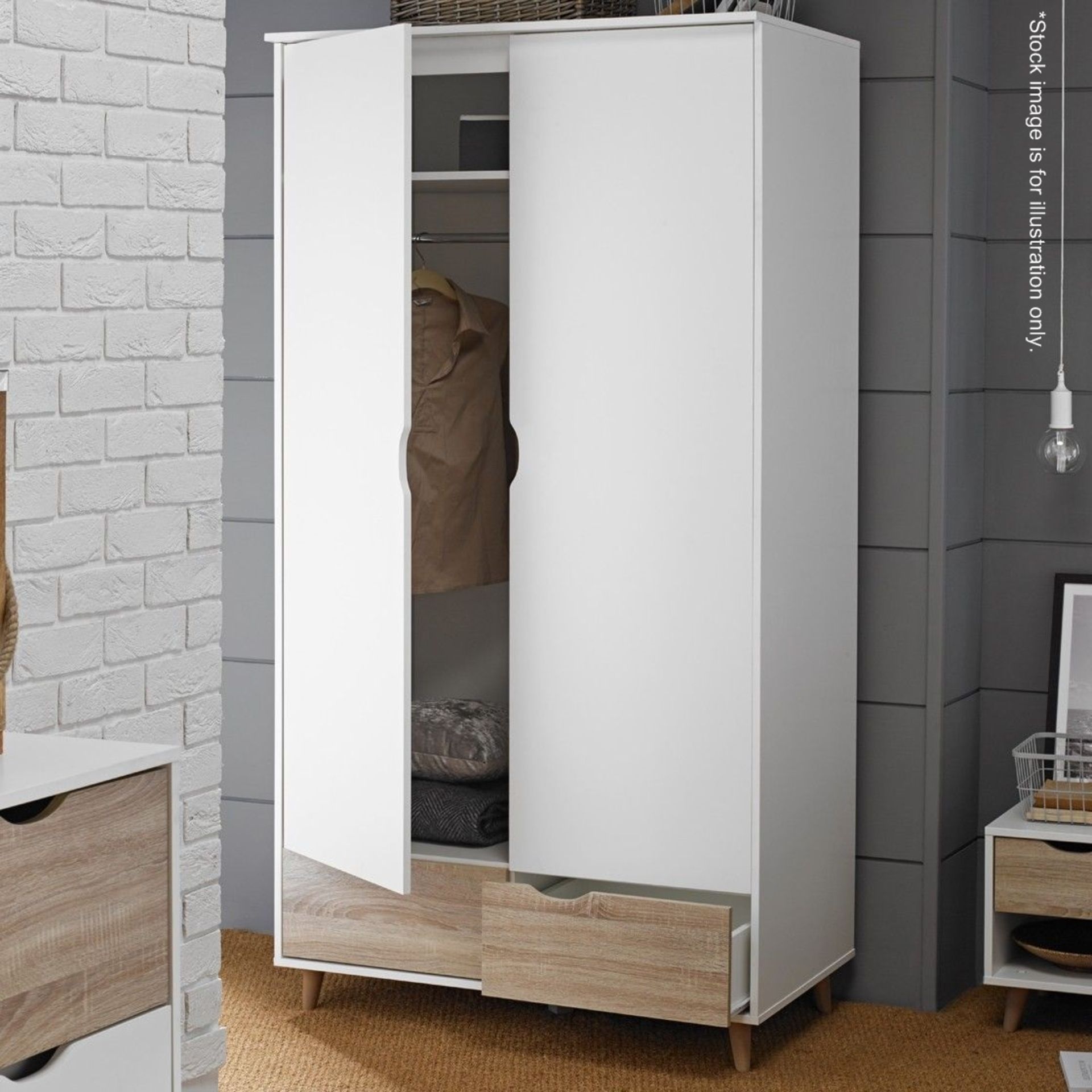 1 x 'Stockholm' Scandinavian Style 2-Door Wardrobe - Oak/White Finish - Dimensions: W100xH190xD58cm