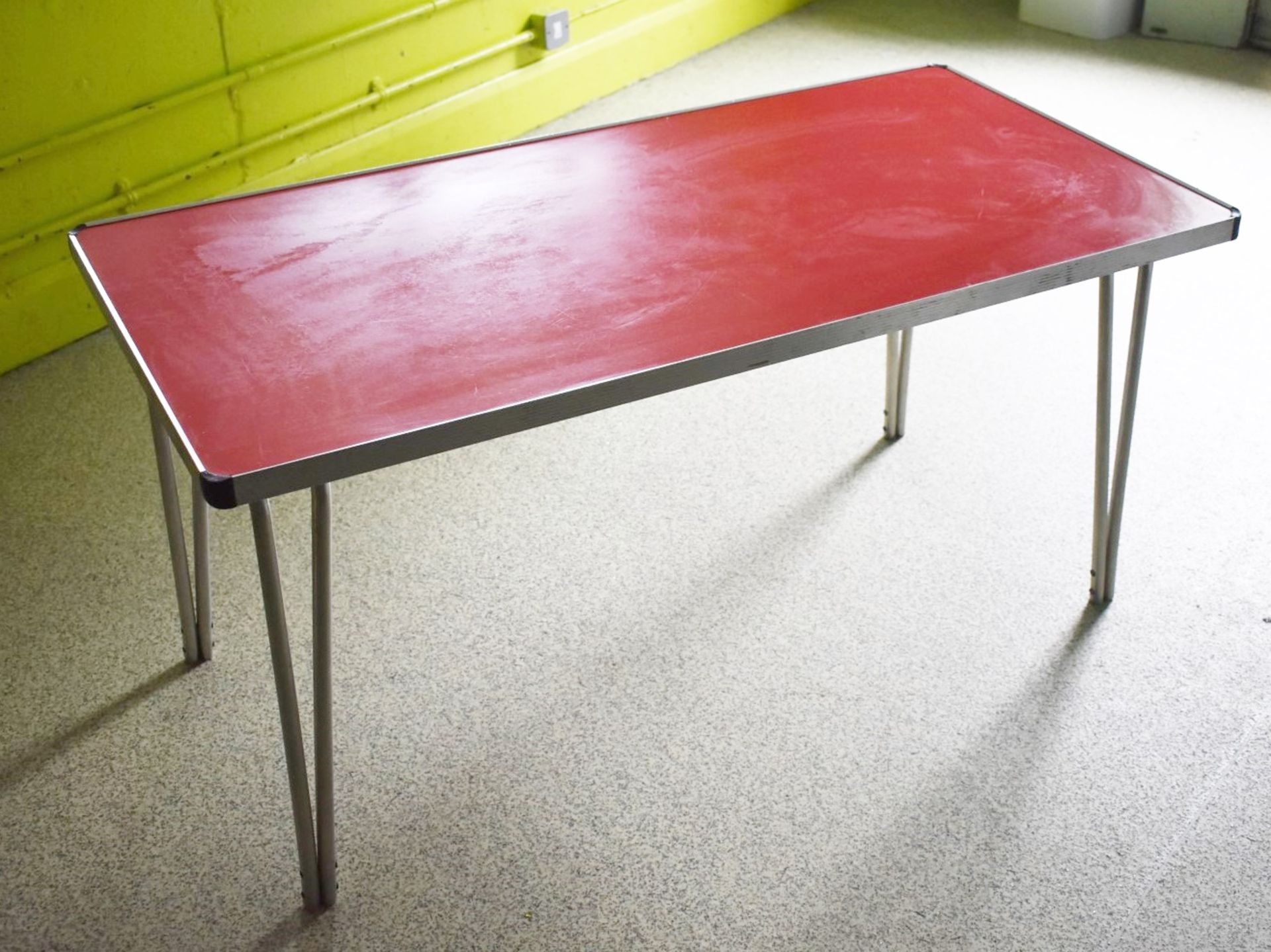 12 x Folding Stacking Tables With Coloured Tops and Chrome Edges - H59 x W120 x D60 cms - Ref