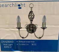 2 x Searchlight Zanzibar 2 Light Antique Wall Bracket in Antique Brass - Ref: 8392-2 - New And Boxe