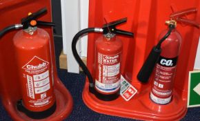 3 x Fire Extinguishers With Stands and Fire Exit Sign - Includes 1 x 2kg Carbon Dioxide, 1 x 3l