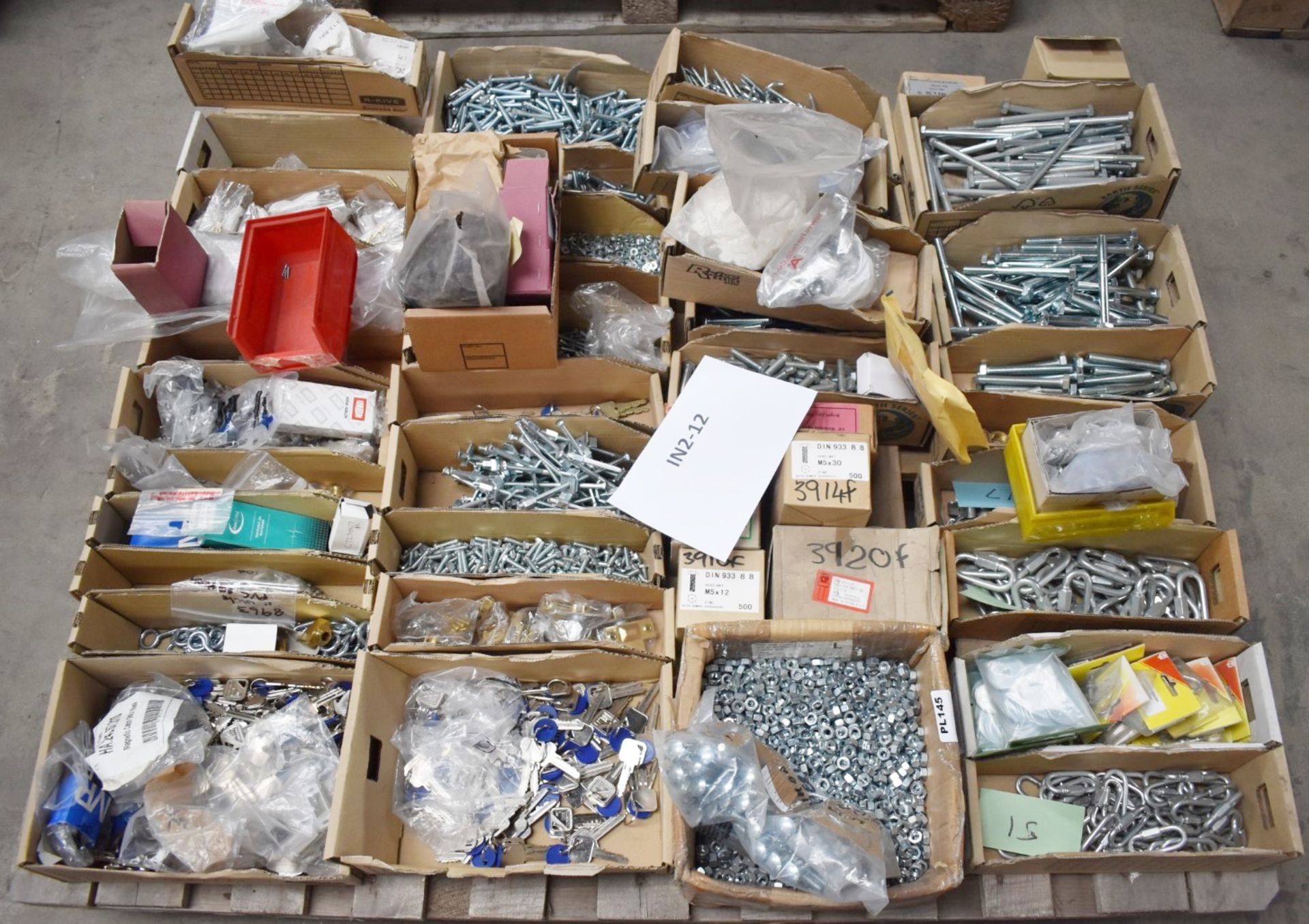 1 x Assorted Ironmongery Pallet Lot - Features Nuts, Bolts, Keys, Locks, Washers, Screws, D