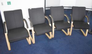 4 x Cantilever Office Meeting Chairs With Bentwood Frames and Black Fabric Seats - H87 x W48 x D48