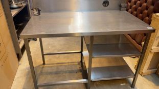 1 x Stainless Steel Commercial Kitchen Prep Table With 2 Shelves and Upstand - Dimensions: 130L x 76