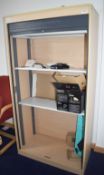 1 x Upright Office Storage Cabinet in Beech With Grey Roll Up Tambour Door - H180 x W94 x D50