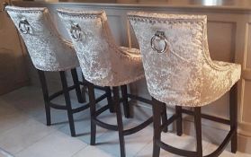 3 x Barstools In Upholstered In A Silvery Velvet Fabric - Dimensions: H110 x W50 x D50cm, Seat 71cm