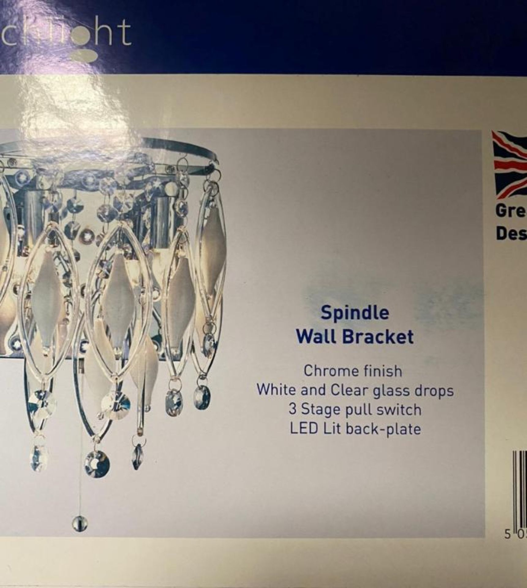1 x Searchlight Spindle Wall Bracket in a chrome finish with white and clear glass drops - Ref: 3352 - Image 2 of 5