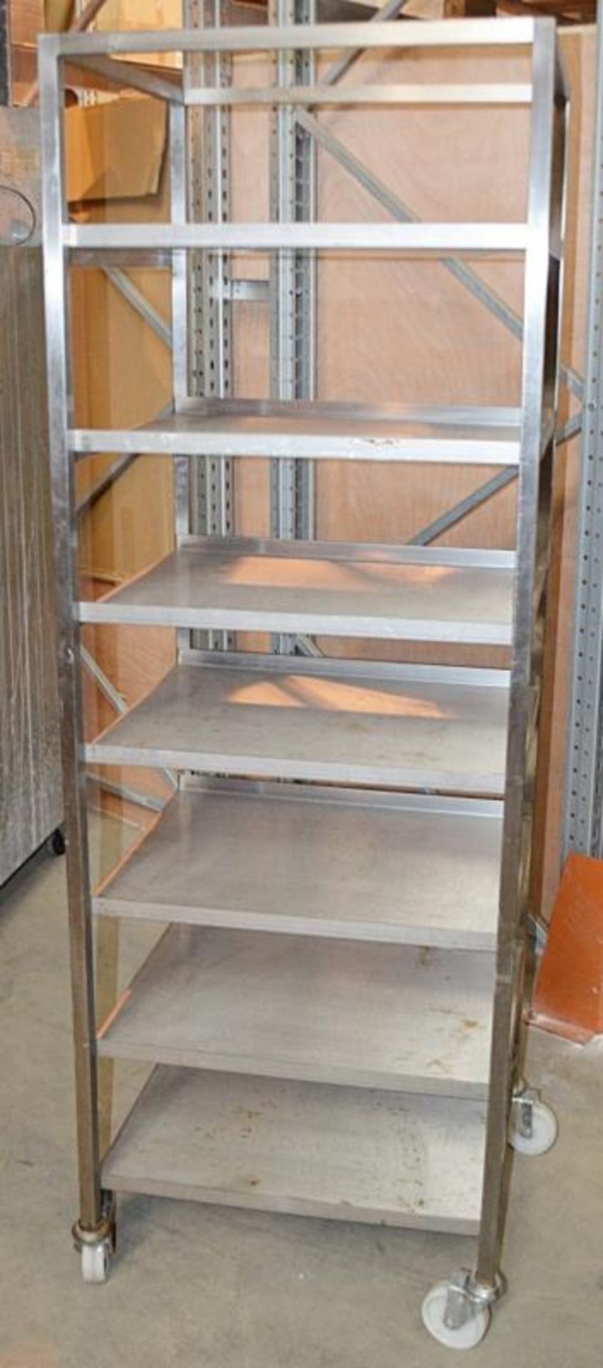 1 x Stainless Steel Commercial Kitchen 7-Teir Trolley On Castors - Dimensions: H185 x W54 x D64cm -
