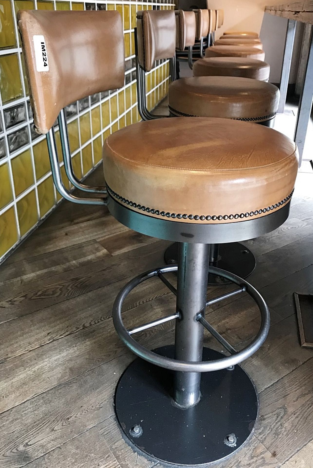 7 x Tan Leather Bar Stools With Backrests, Studded Detail and Footrests - H77/100 x W41 cms -