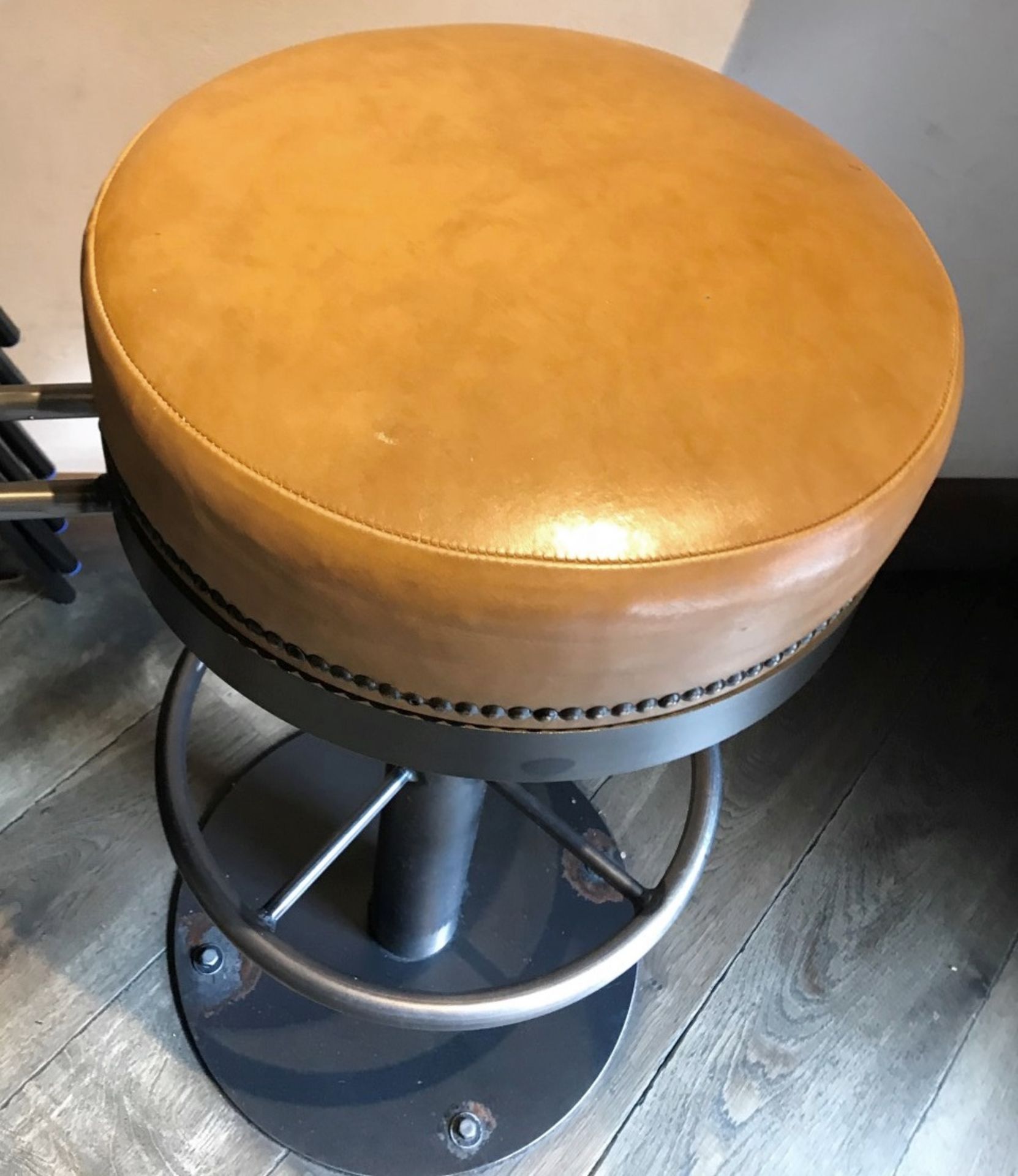 7 x Tan Leather Bar Stools With Backrests, Studded Detail and Footrests - H77/100 x W41 cms - - Image 5 of 5