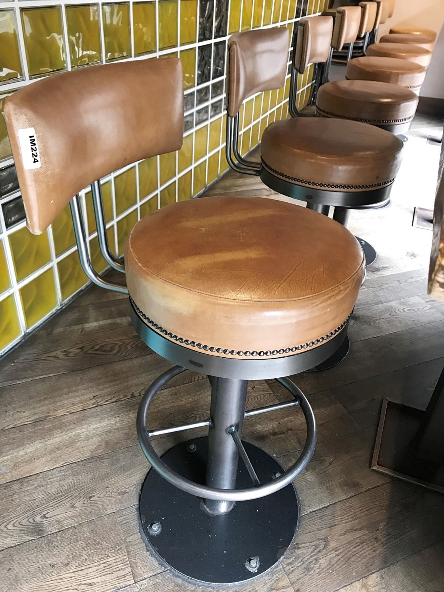 7 x Tan Leather Bar Stools With Backrests, Studded Detail and Footrests - H77/100 x W41 cms - - Image 2 of 5