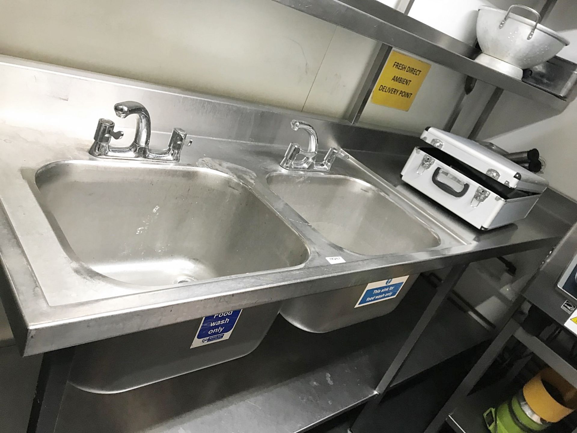 1 x Stainless Steel Twin Bowl Sink Basin Plus Wall Mounted Shelves - CL554 - Ref IM286 + IM287 - - Image 3 of 5