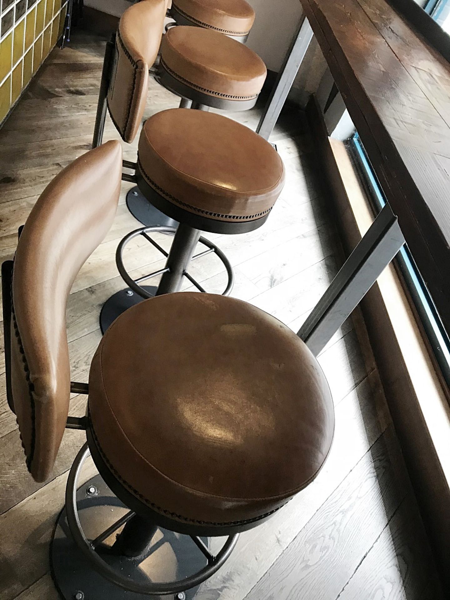 7 x Tan Leather Bar Stools With Backrests, Studded Detail and Footrests - H77/100 x W41 cms - - Image 3 of 5