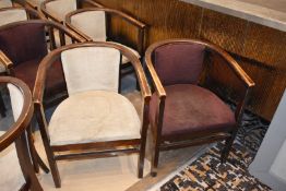 15 x Wooden Dining Tub Chairs - Dark Stained Finish With Cream and Purple Upholstery - Ideal For