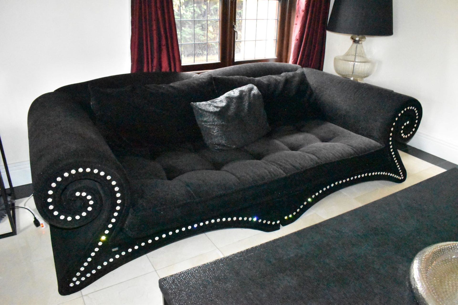 1 x Bretz Mammut Sofa Upholstered in Speckled Black Fabric - Features Large Scroll Arms, Faux