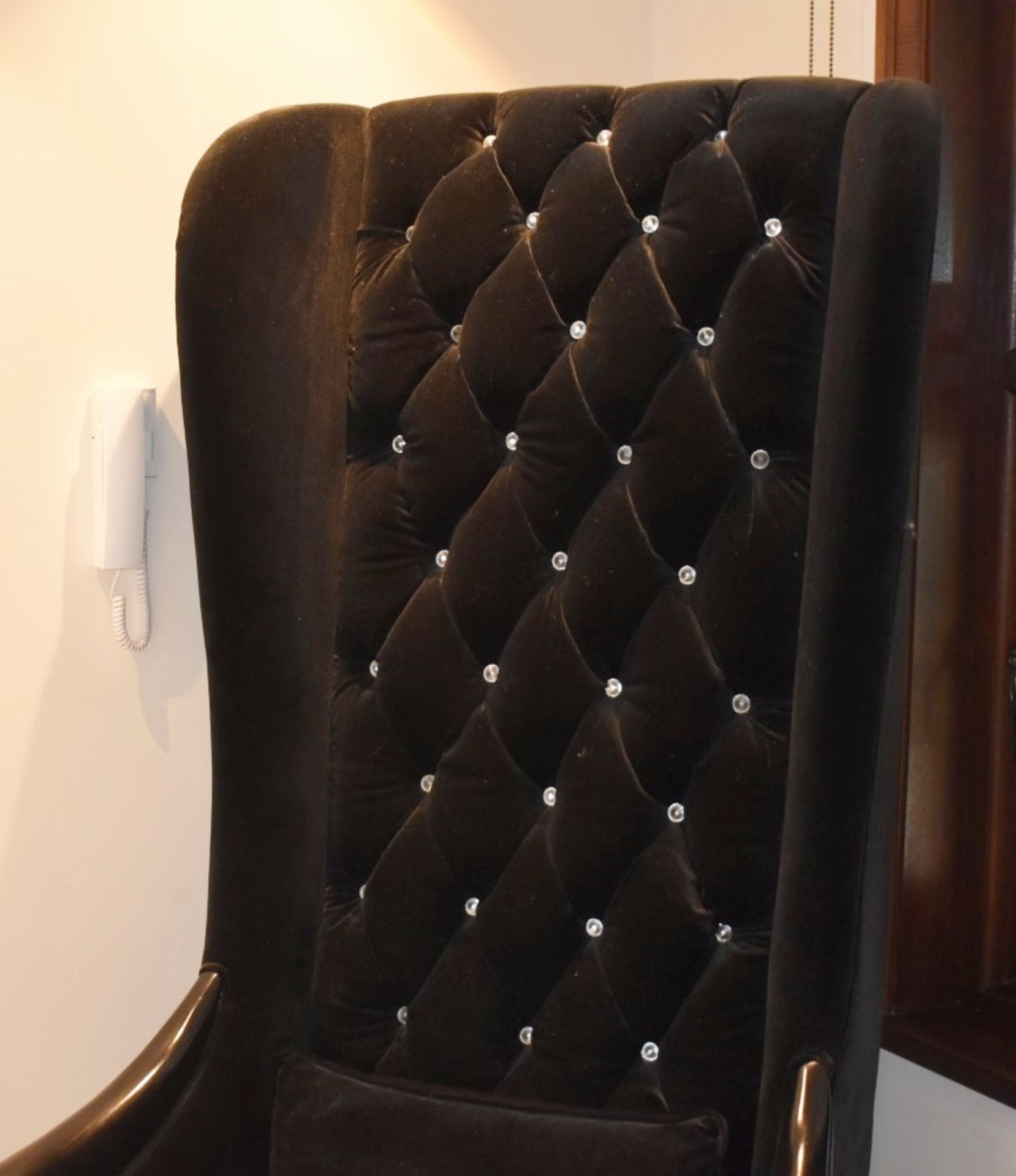 1 x Chesterfield Style Tall Wingback Armchair Upholstering in Black Velvet With Faux Crystal Studs - Image 4 of 7