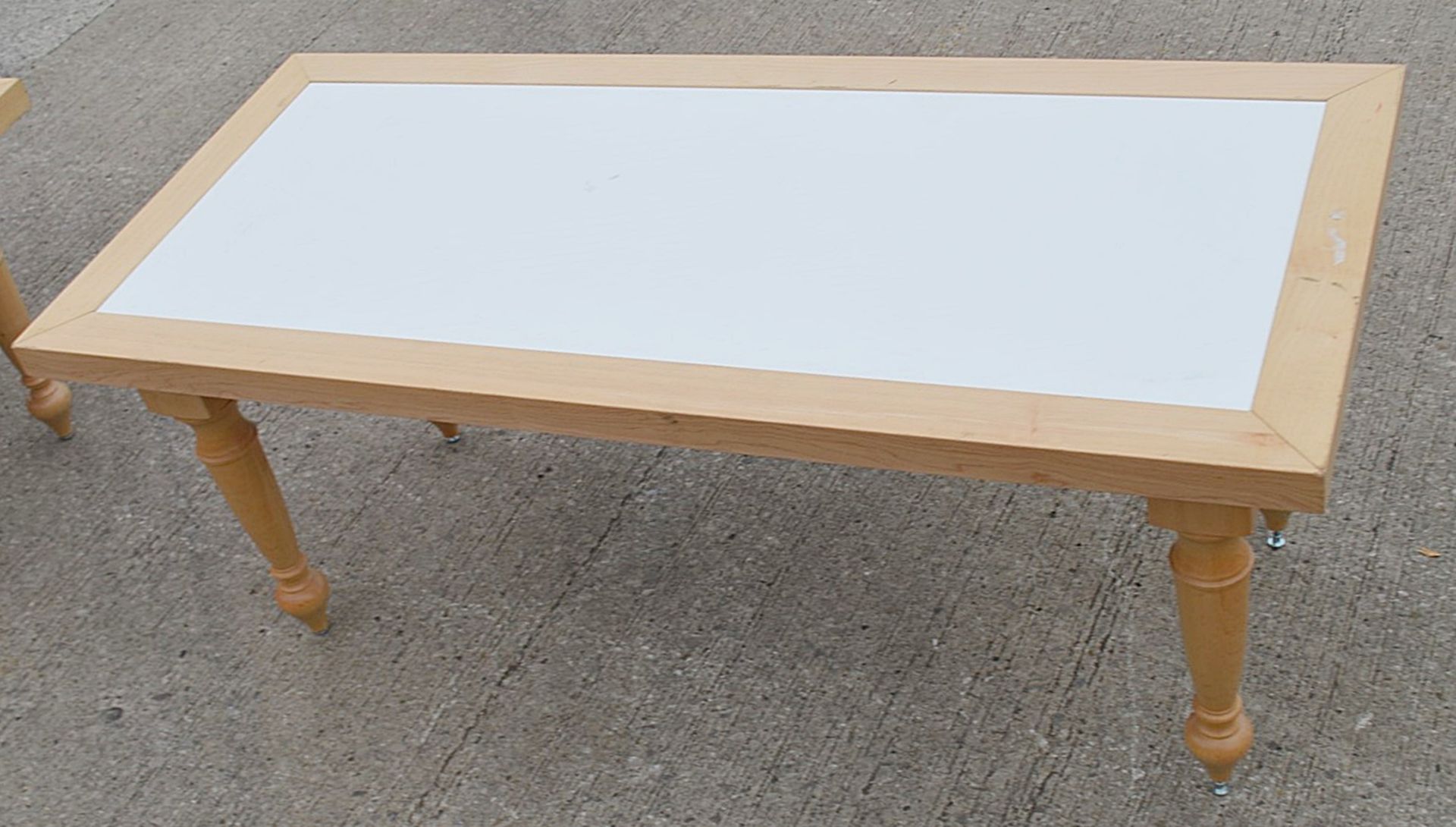 2 x Low Rectangular Event Tables In Beech - Both Feature Attractive Turned Legs And A White - Image 2 of 6