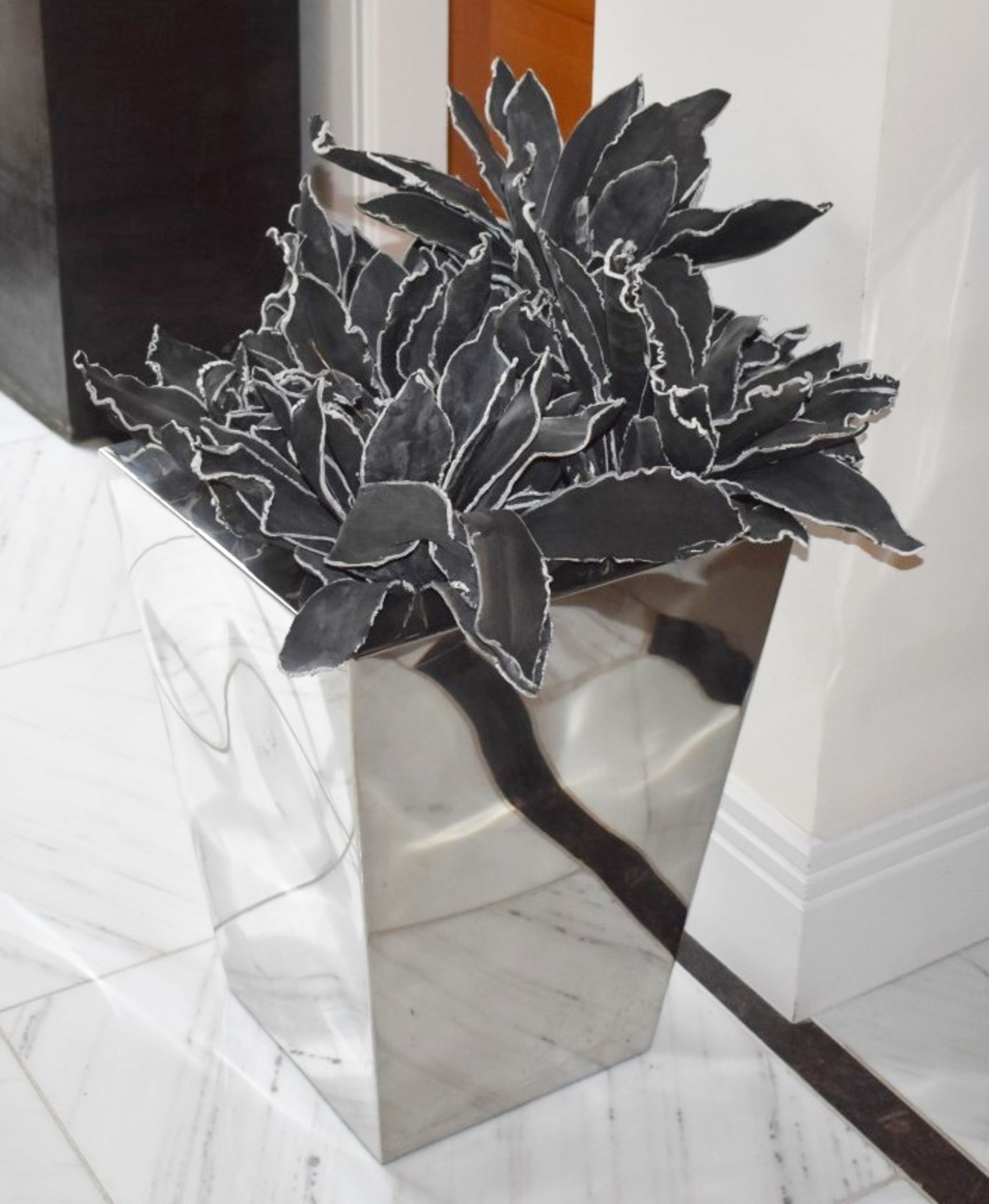 Pair of Decoration Chome Planters With Artificial Black Leaf Plants - Ideal For The Contemporary - Image 4 of 7