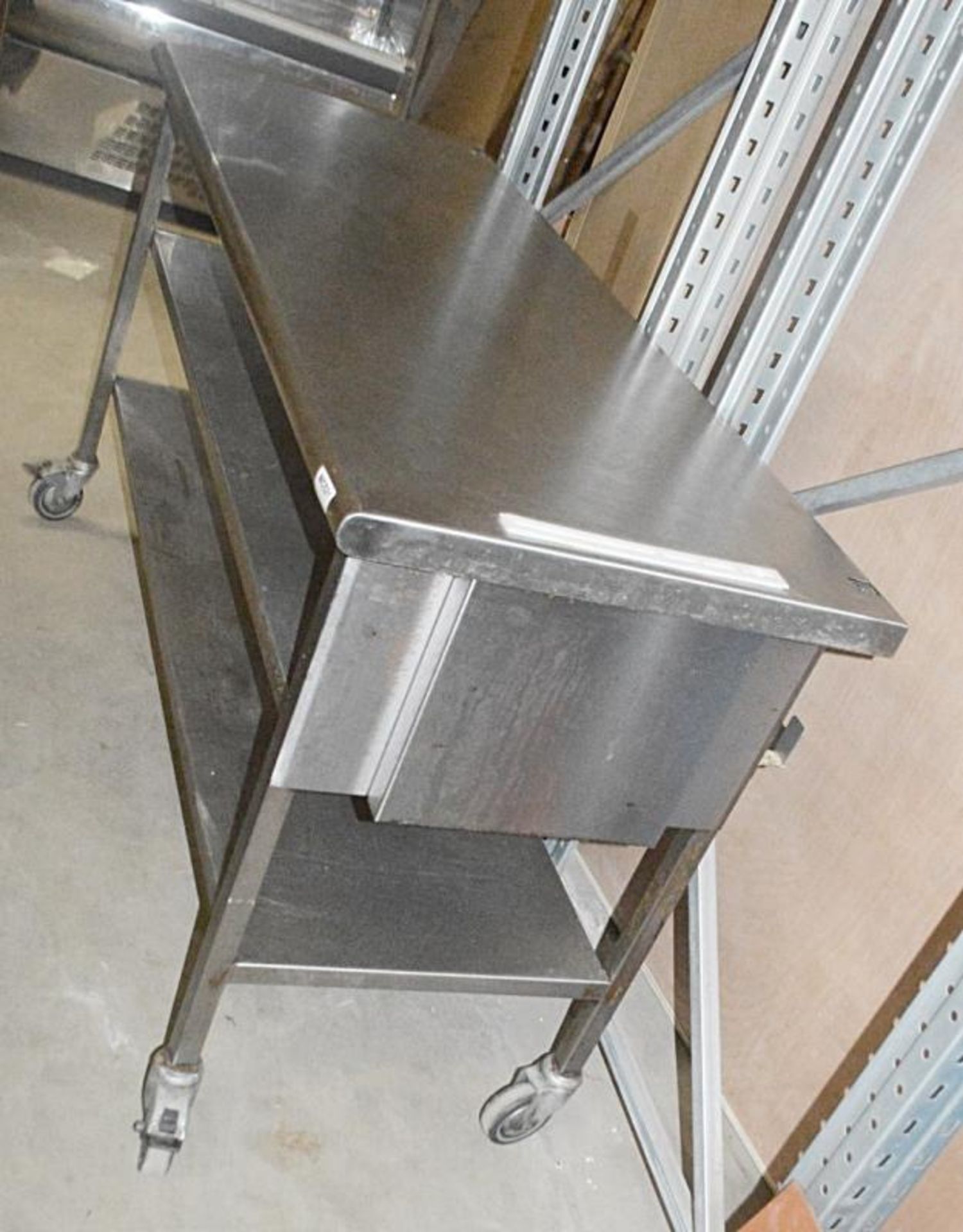 1 x Stainless Steel Commercial Kitchen Prep Table With Knife Block Undershelves, On Castors - Dimens - Bild 3 aus 4